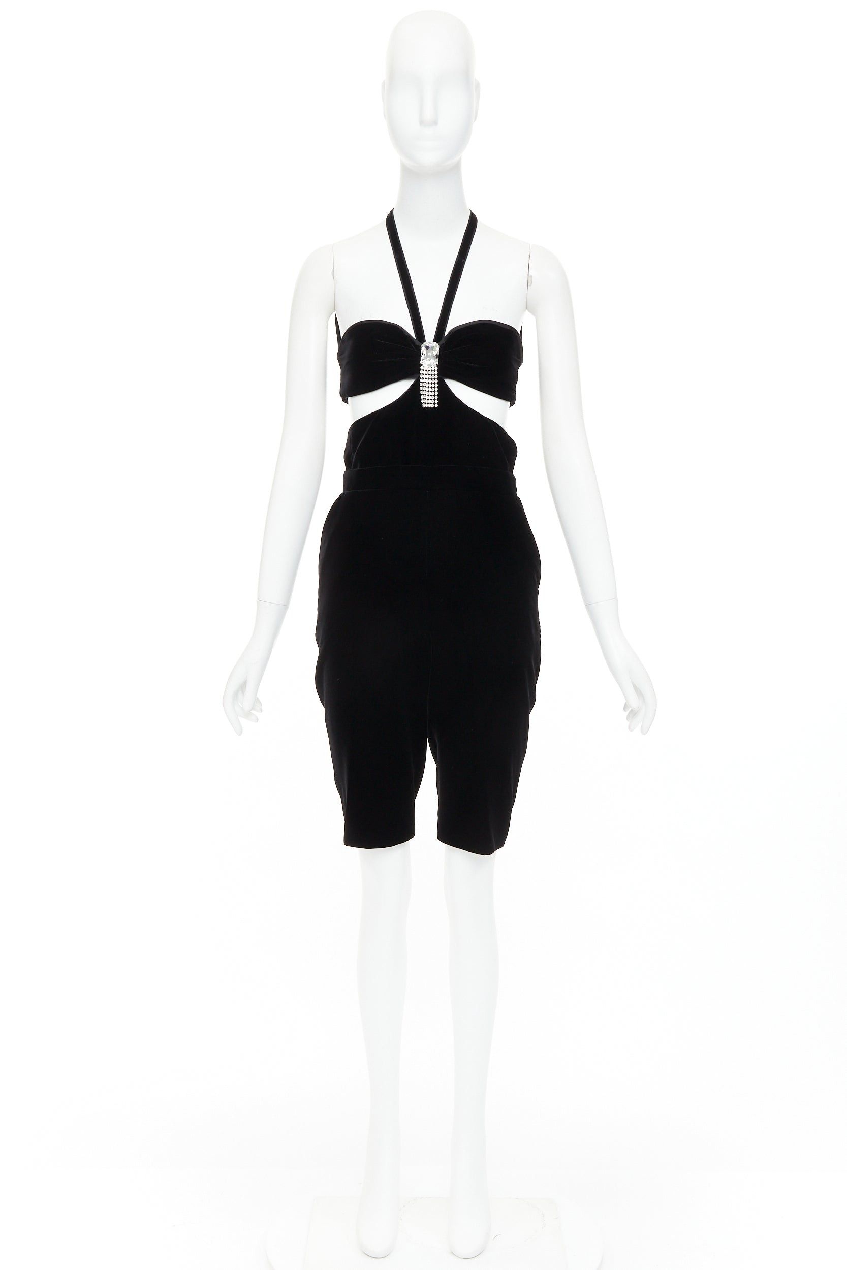 Saint Laurent Paris SAINT LAURENT 2022 Runway black velvet crystal brooch cut out romper playsuit FR36 S Size 27" / US 4 / IT 40 - 11 Thumbnail