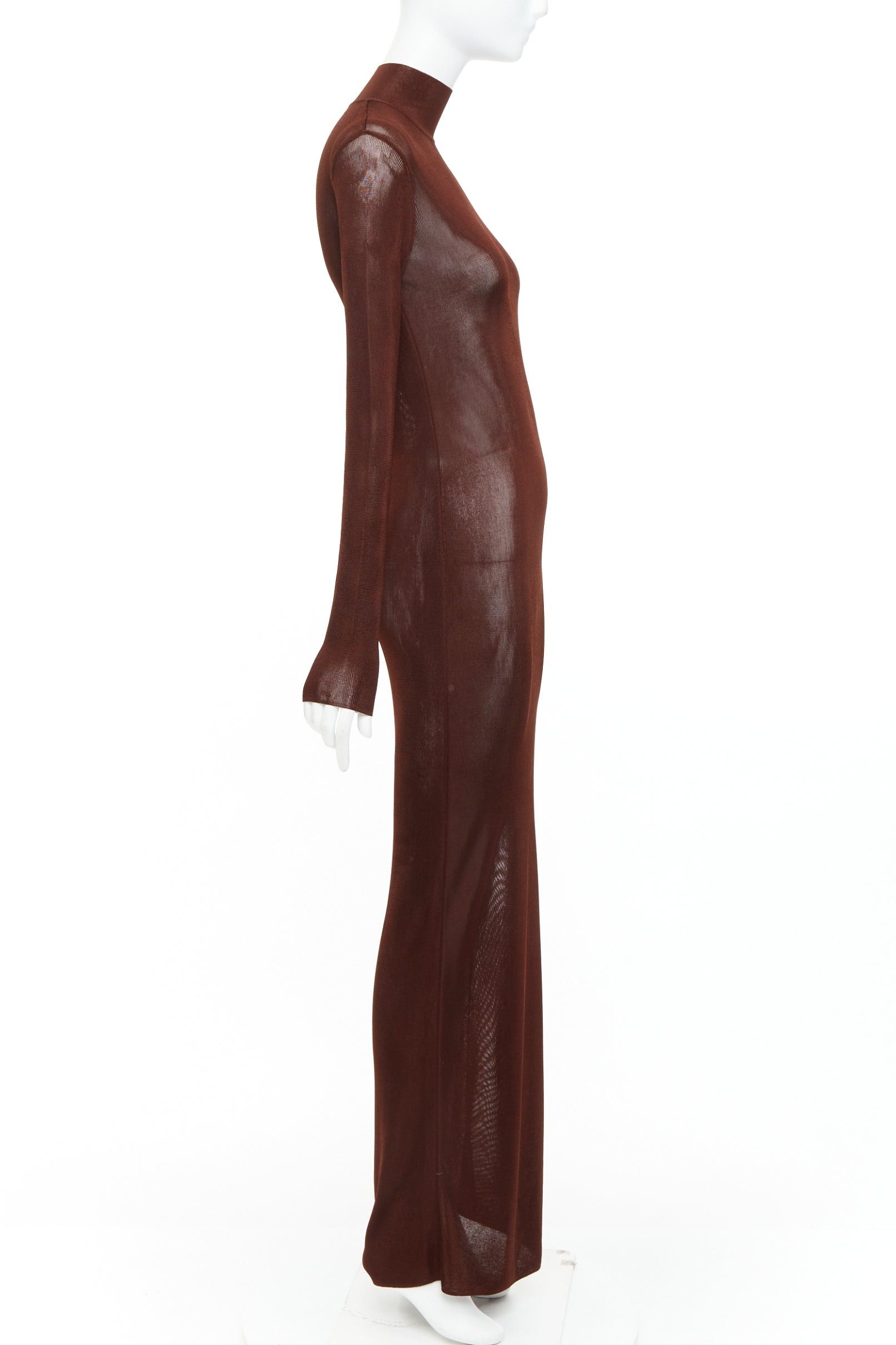 Saint Laurent Paris SAINT LAURENT 2023 Runway chocolate dark brown mock neck sheer knit maxi dress S Size S / US 4 / IT 40 - 4 Thumbnail