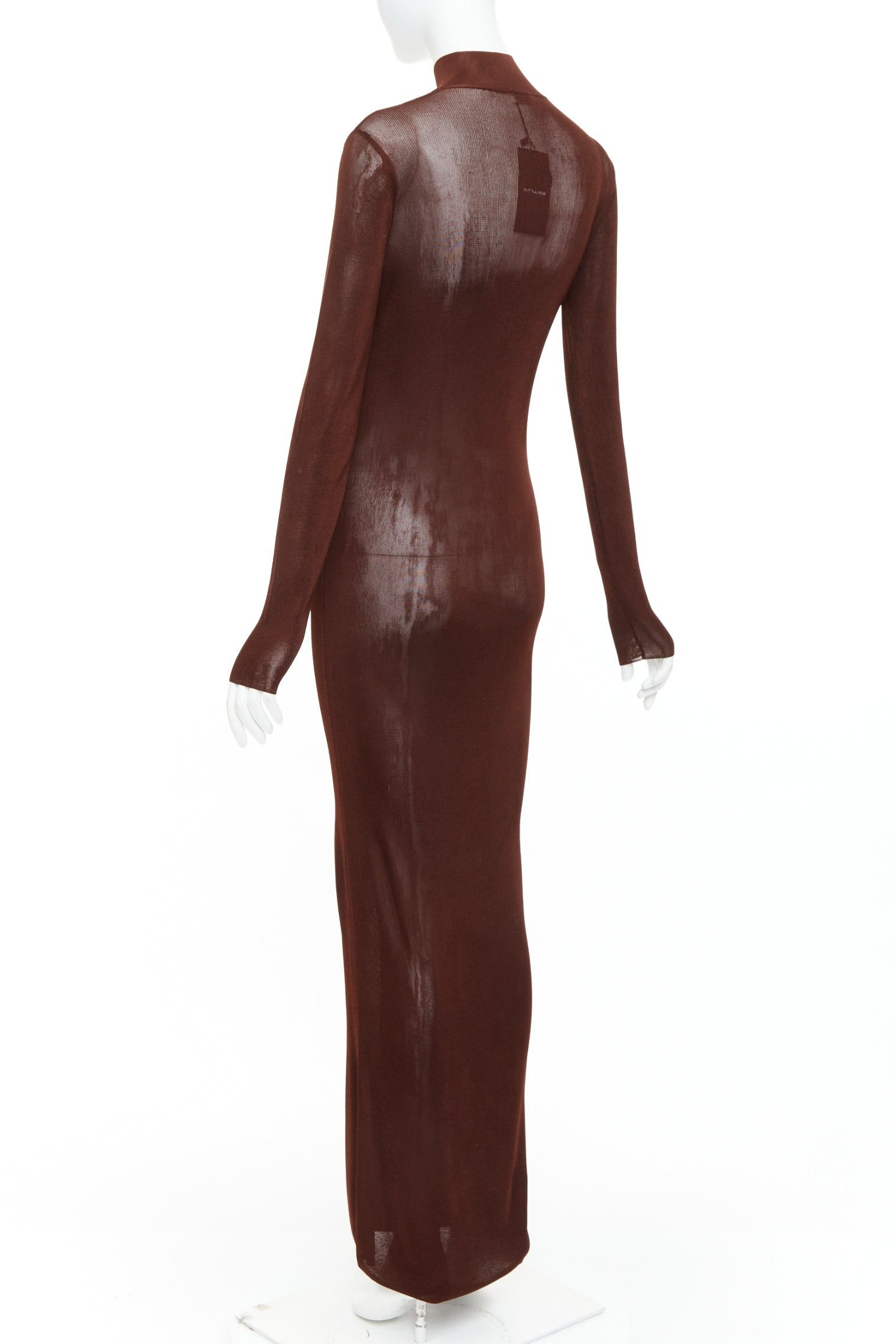 Saint Laurent Paris SAINT LAURENT 2023 Runway chocolate dark brown mock neck sheer knit maxi dress S Size S / US 4 / IT 40 - 6 Thumbnail