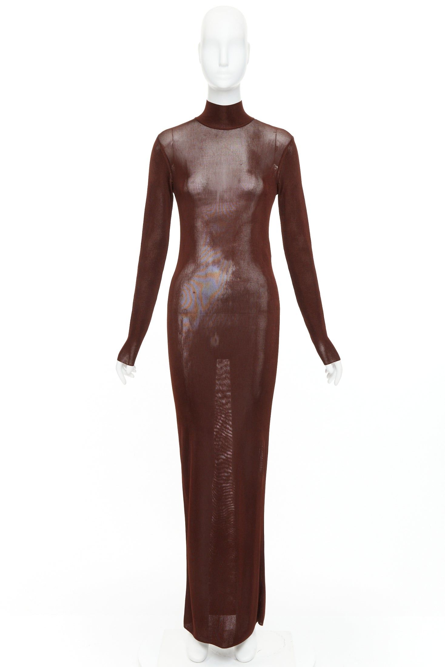 Saint Laurent Paris SAINT LAURENT 2023 Runway chocolate dark brown mock neck sheer knit maxi dress S Size S / US 4 / IT 40 - 10 Thumbnail