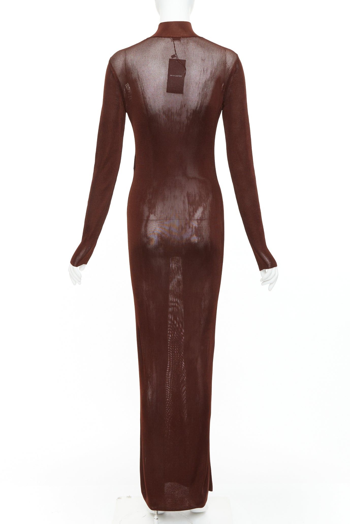 Saint Laurent Paris SAINT LAURENT 2023 Runway chocolate dark brown mock neck sheer knit maxi dress S Size S / US 4 / IT 40 - 5 Thumbnail
