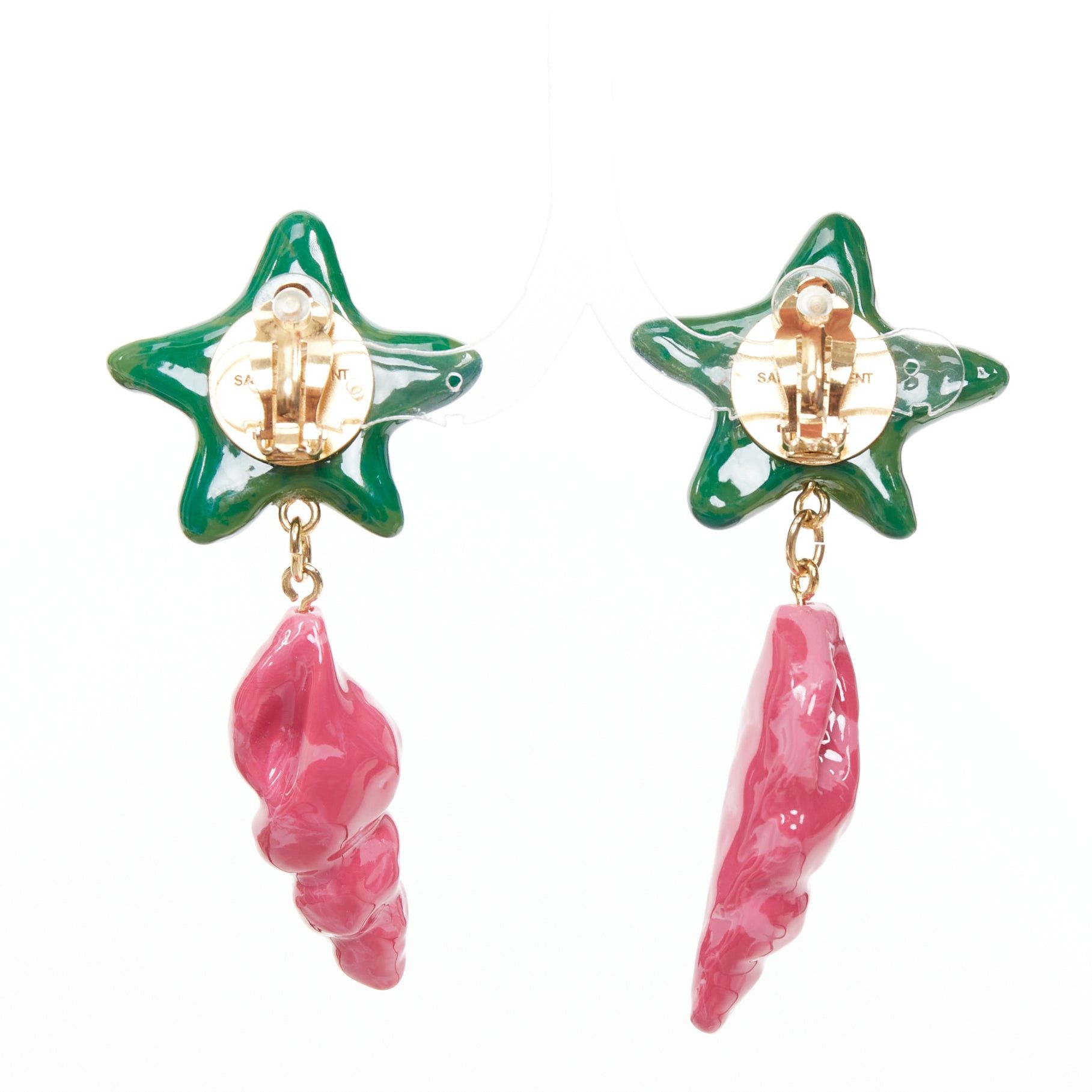 Saint Laurent Paris SAINT LAURENT green star pink seashell glazed resin gold brass clip earring Pair Size ONE SIZE - 3 Thumbnail