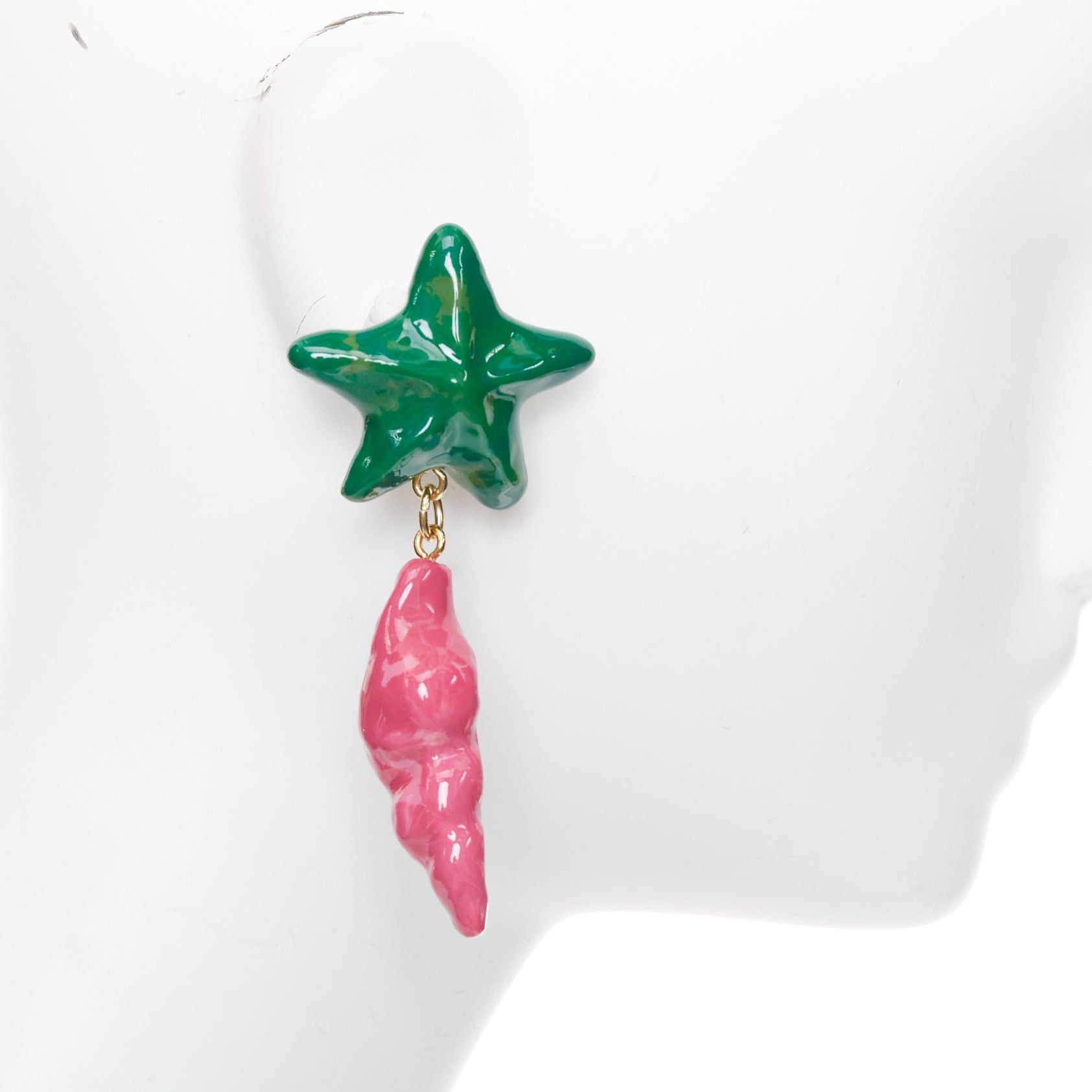 Saint Laurent Paris SAINT LAURENT green star pink seashell glazed resin gold brass clip earring Pair Size ONE SIZE - 4 Thumbnail