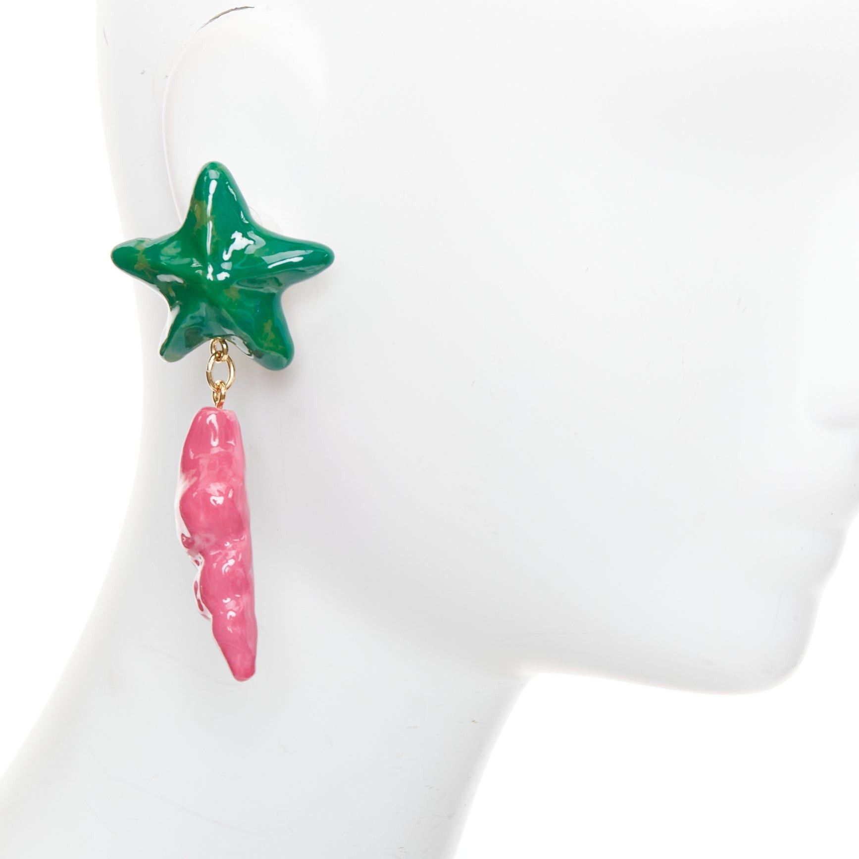 Saint Laurent Paris SAINT LAURENT green star pink seashell glazed resin gold brass clip earring Pair Size ONE SIZE - 2 Thumbnail