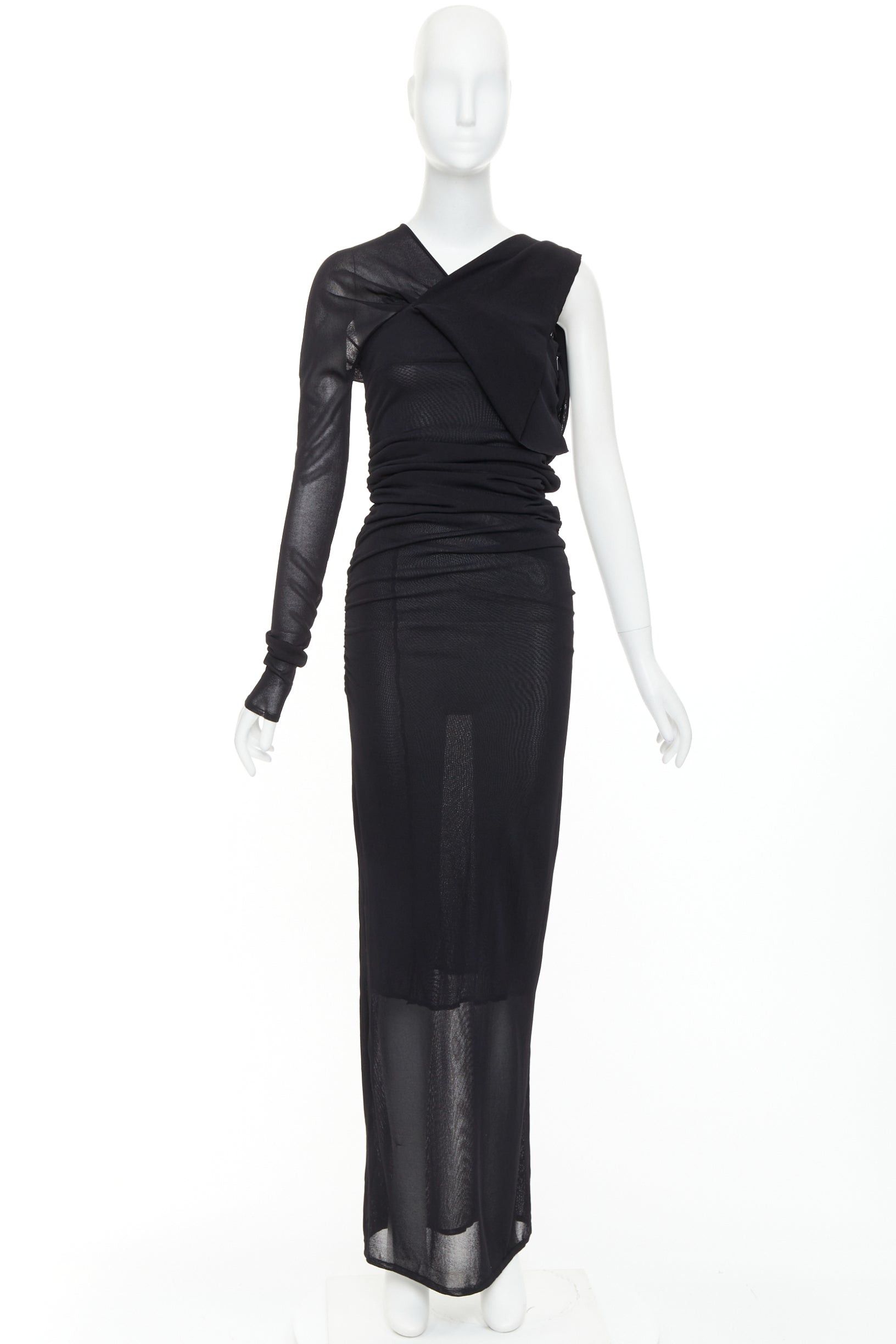 Saint Laurent Paris SAINT LAURENT 2023 black viscose ruched one shoulder semi sheer dress XS Size XS / US 0-2 / IT 36-38 - 10 Thumbnail