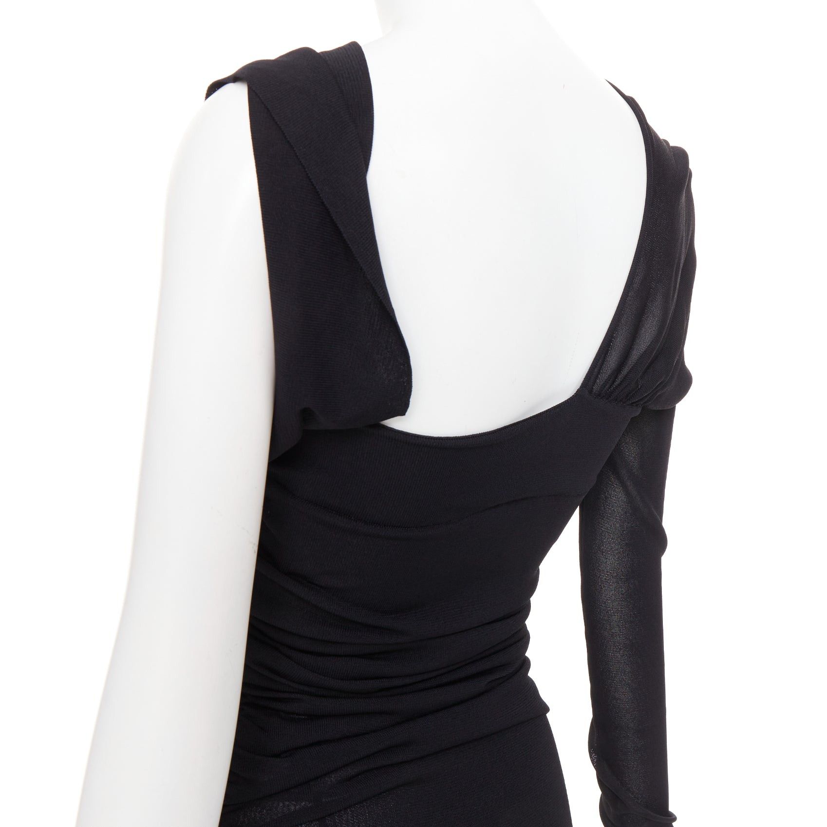 Saint Laurent Paris SAINT LAURENT 2023 black viscose ruched one shoulder semi sheer dress XS Size XS / US 0-2 / IT 36-38 - 8 Thumbnail