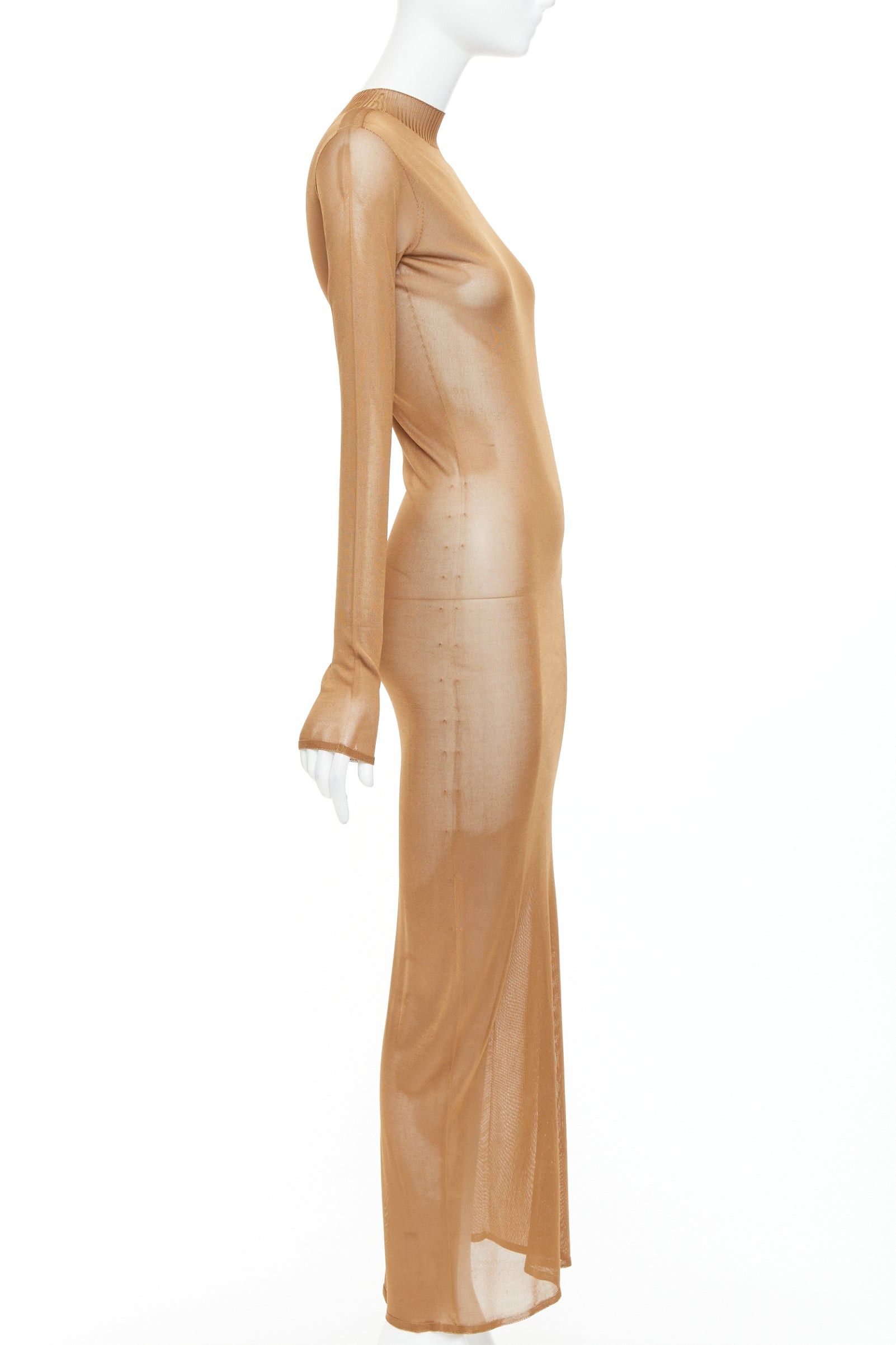 Saint Laurent Paris SAINT LAURENT Anthony Vaccarello 2022 warm brown crew neck semi sheer maxi dress S Size S / US 4 / IT 40 - 4 Thumbnail