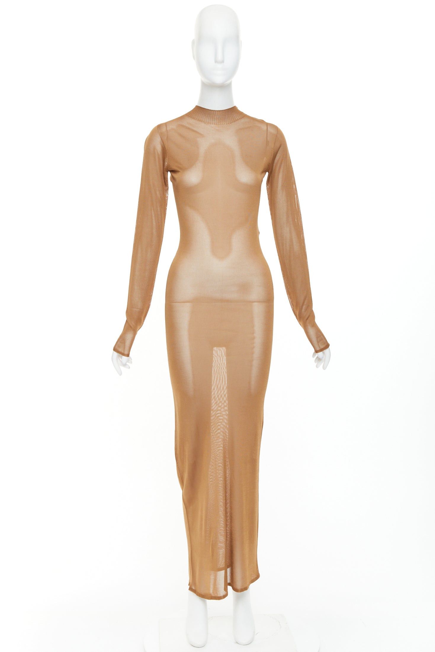 Saint Laurent Paris SAINT LAURENT Anthony Vaccarello 2022 warm brown crew neck semi sheer maxi dress S Size S / US 4 / IT 40 - 9 Thumbnail