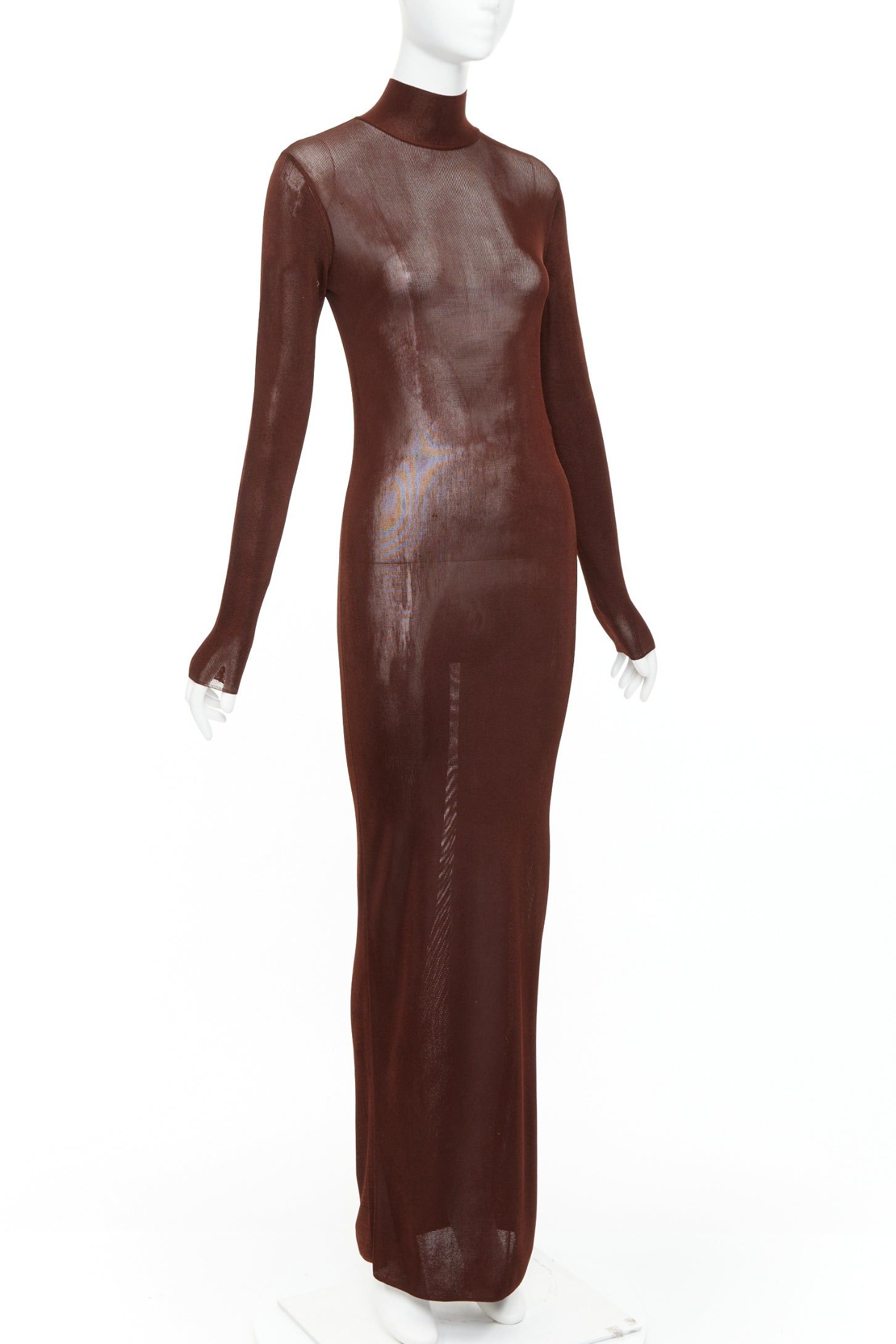 Saint Laurent Paris SAINT LAURENT 2023 Runway chocolate dark brown mock neck sheer knit maxi dress XS Size XS / US 0-2 / IT 36-38 - 3 Thumbnail