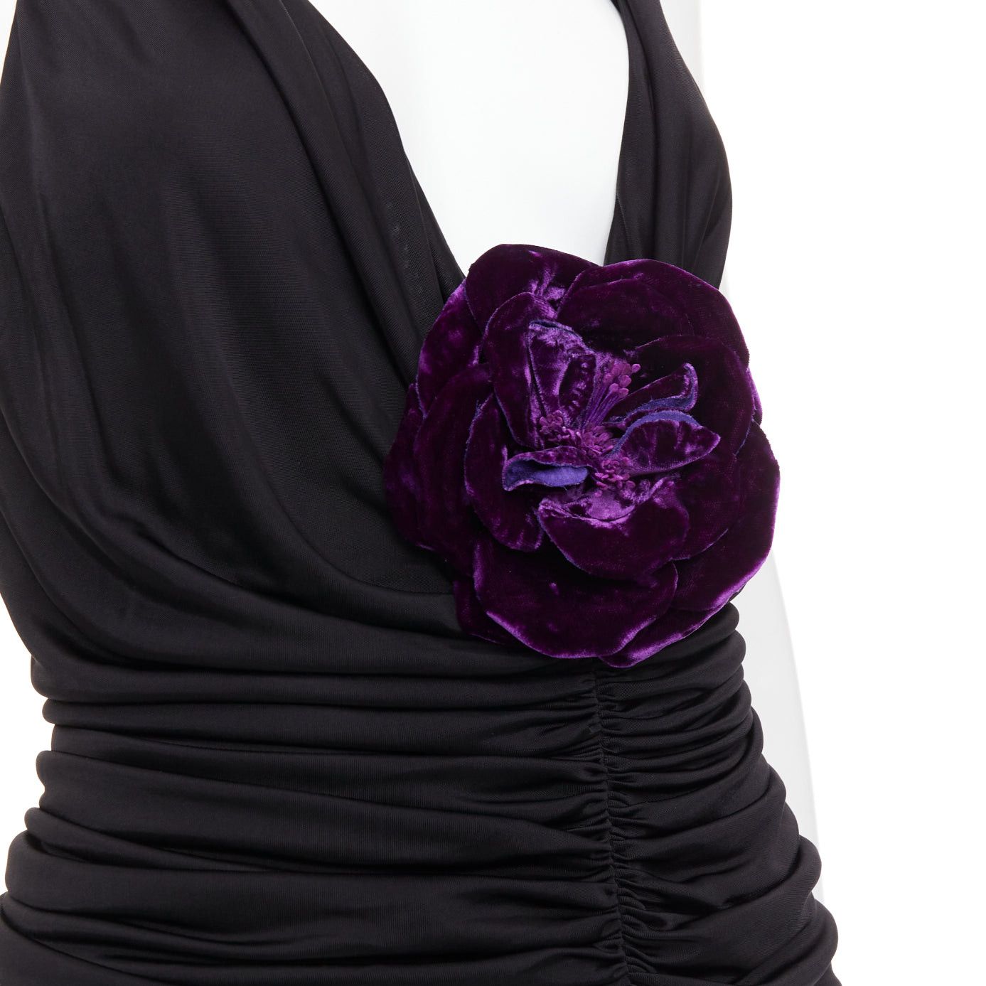 Saint Laurent Paris rare SAINT LAURENT 2022 Runway purple Wild Rose applique ruched plunge dress gown XS Size S / US 4 / IT 40 - 2 Thumbnail