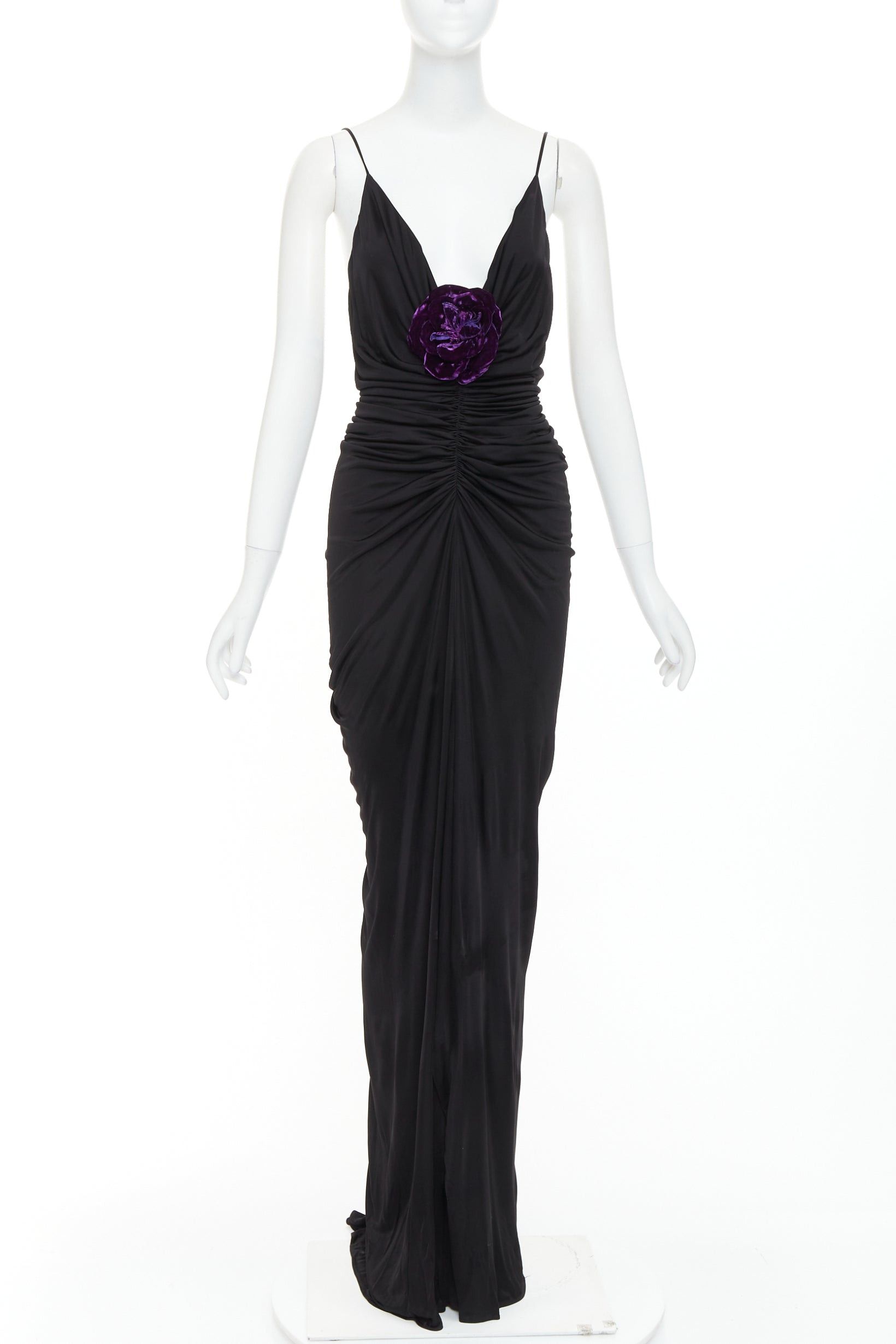 Saint Laurent Paris rare SAINT LAURENT 2022 Runway purple Wild Rose applique ruched plunge dress gown XS Size S / US 4 / IT 40 - 3 Thumbnail