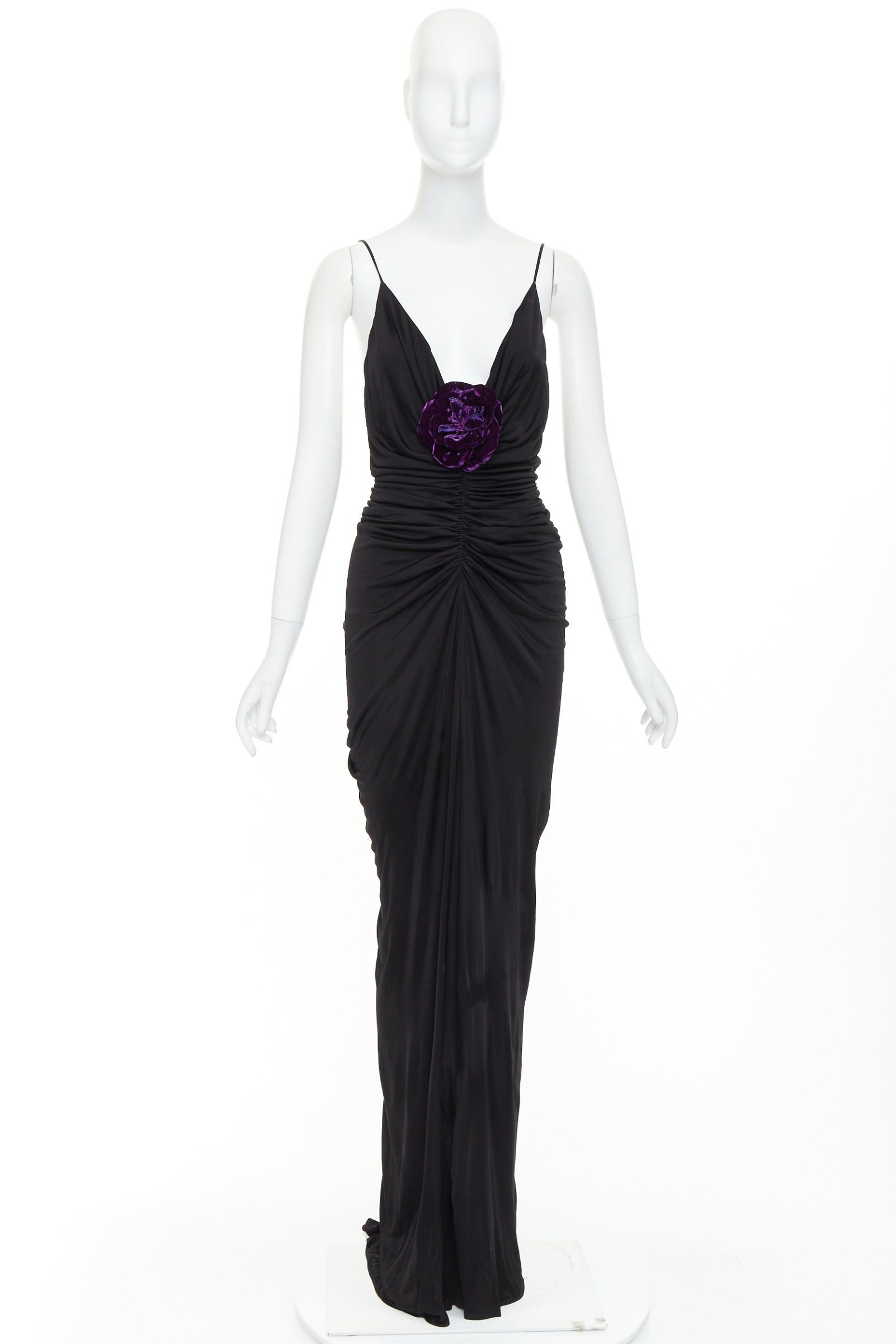 Saint Laurent Paris rare SAINT LAURENT 2022 Runway purple Wild Rose applique ruched plunge dress gown XS Size S / US 4 / IT 40 - 9 Thumbnail