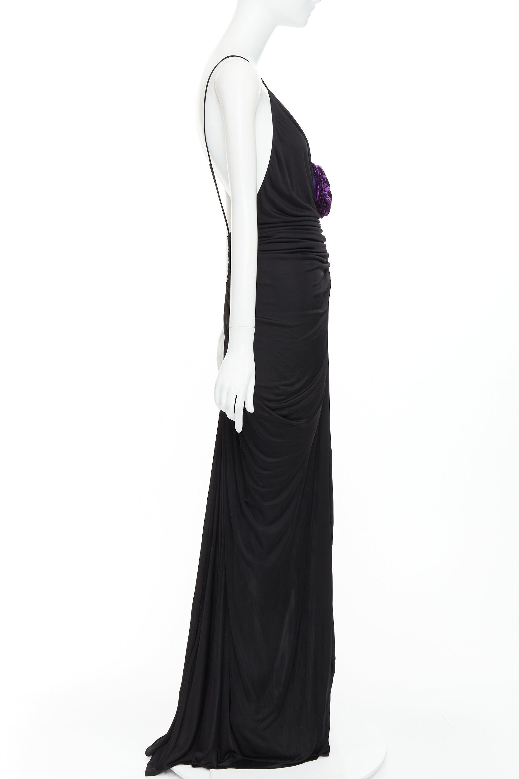 Saint Laurent Paris rare SAINT LAURENT 2022 Runway purple Wild Rose applique ruched plunge dress gown XS Size S / US 4 / IT 40 - 4 Thumbnail