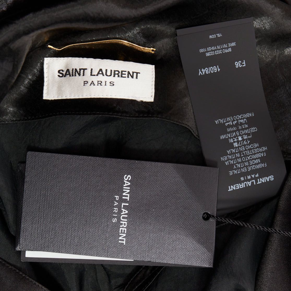 Saint Laurent Paris SAINT LAURENT 2023 Runway black iridescent satin plunge neck cowl open back dress gown FR36 S Size S / US 4 / IT 40 - 11 Thumbnail
