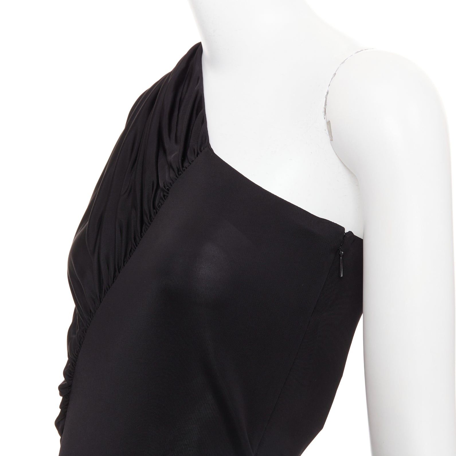 Saint Laurent Paris SAINT LAURENT 2023 black shiny viscose jersey ruched one sleeve dress gown FR40 L Size M / US 6-8 / IT 42-44 - 9 Thumbnail
