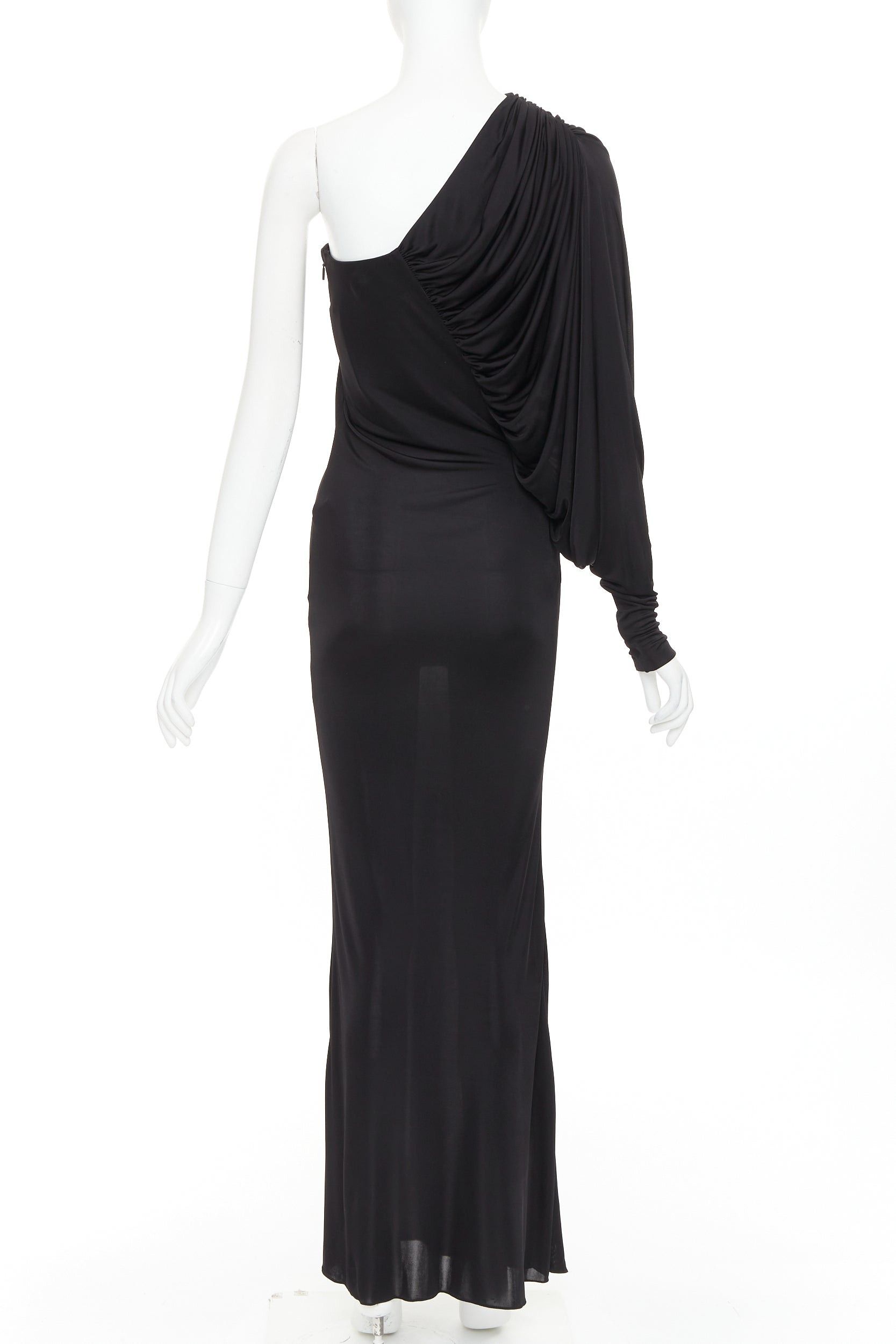 Saint Laurent Paris SAINT LAURENT 2023 black shiny viscose jersey ruched one sleeve dress gown FR40 L Size M / US 6-8 / IT 42-44 - 5 Thumbnail