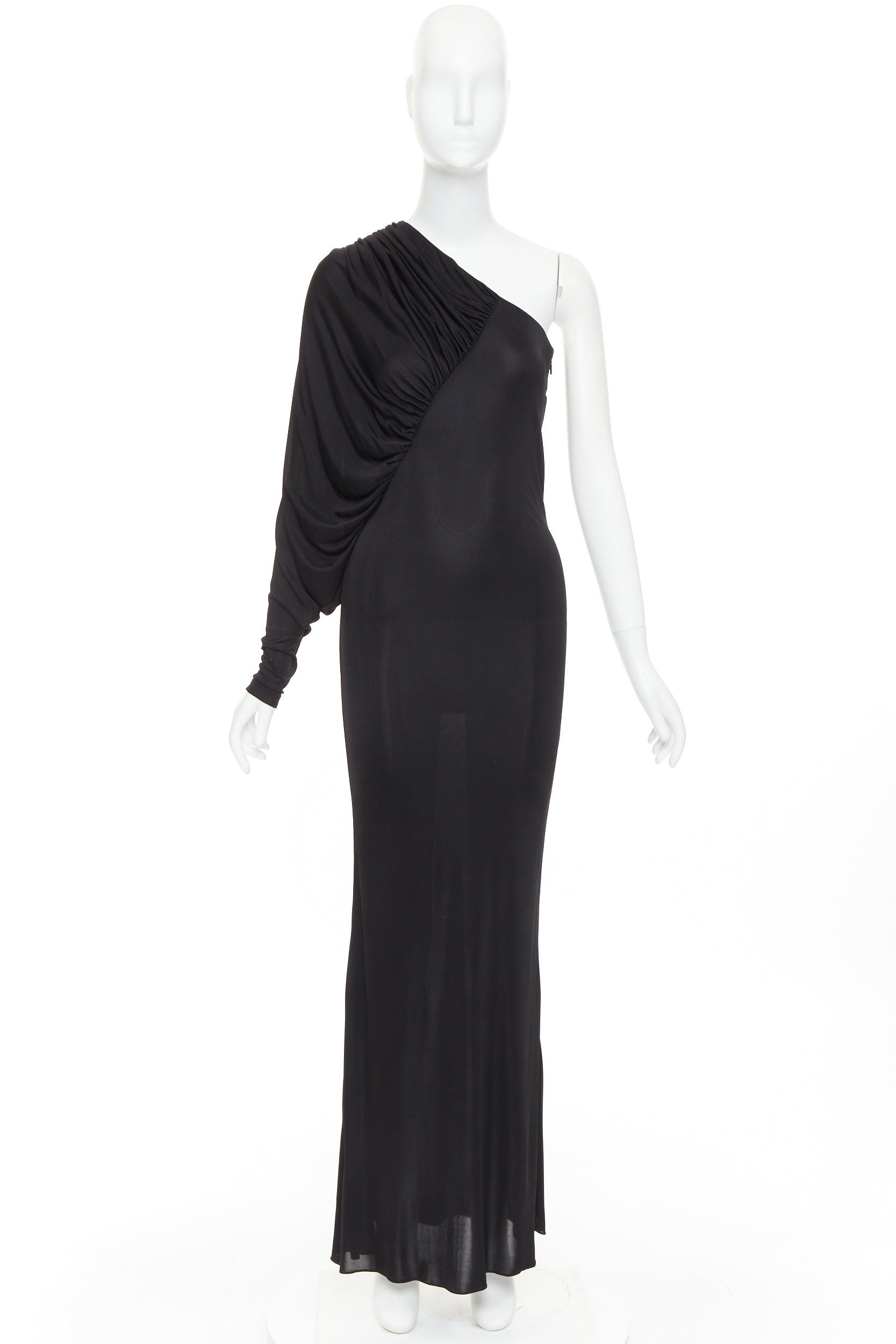 Saint Laurent Paris SAINT LAURENT 2023 black shiny viscose jersey ruched one sleeve dress gown FR40 L Size M / US 6-8 / IT 42-44 - 13 Thumbnail