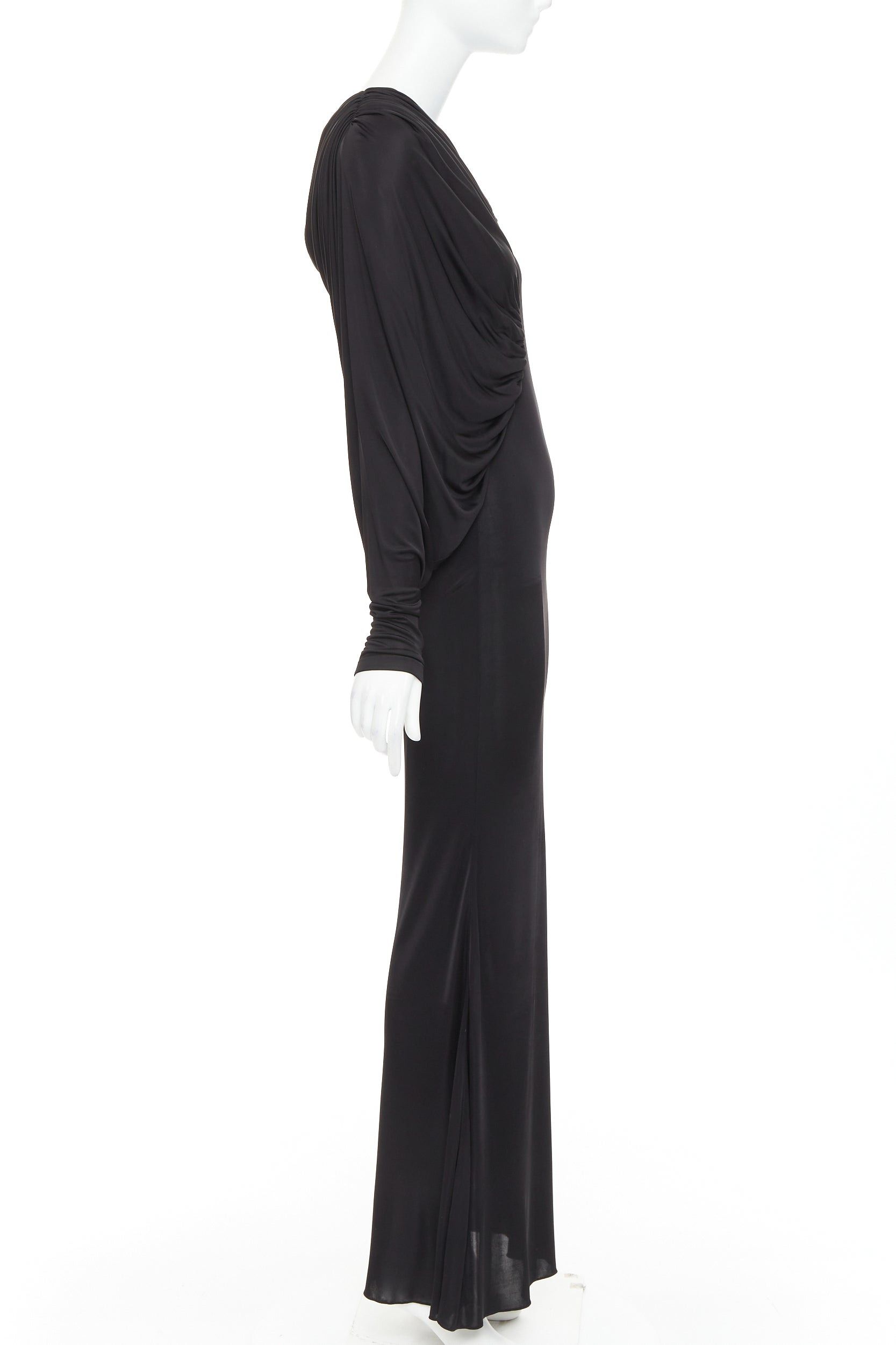 Saint Laurent Paris SAINT LAURENT 2023 black shiny viscose jersey ruched one sleeve dress gown FR40 L Size M / US 6-8 / IT 42-44 - 4 Thumbnail