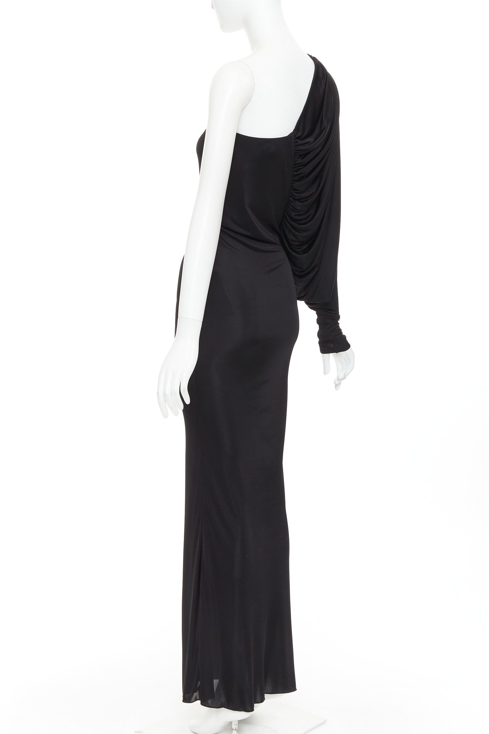 Saint Laurent Paris SAINT LAURENT 2023 black shiny viscose jersey ruched one sleeve dress gown FR40 L Size M / US 6-8 / IT 42-44 - 6 Thumbnail