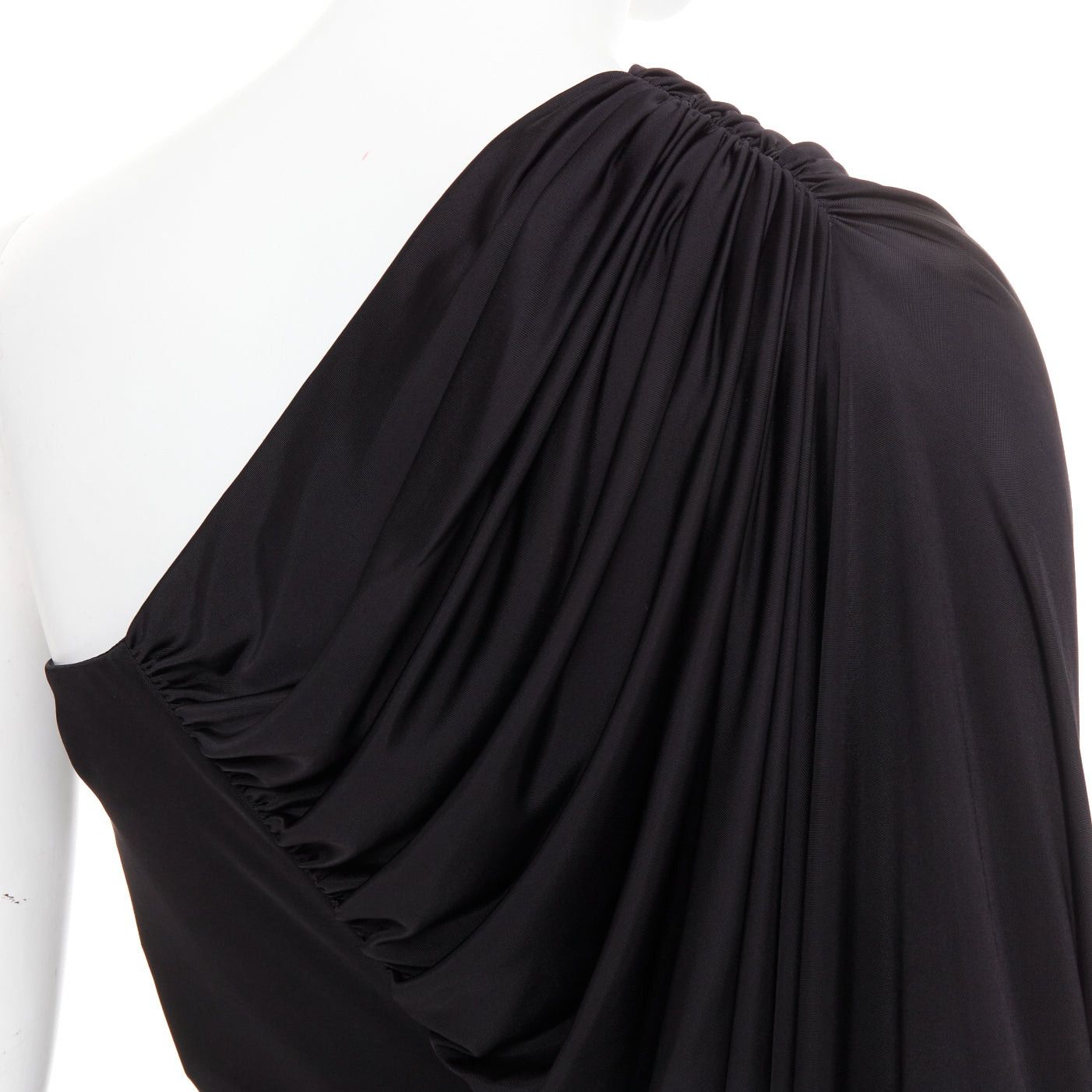 Saint Laurent Paris SAINT LAURENT 2023 black shiny viscose jersey ruched one sleeve dress gown FR40 L Size M / US 6-8 / IT 42-44 - 2 Thumbnail