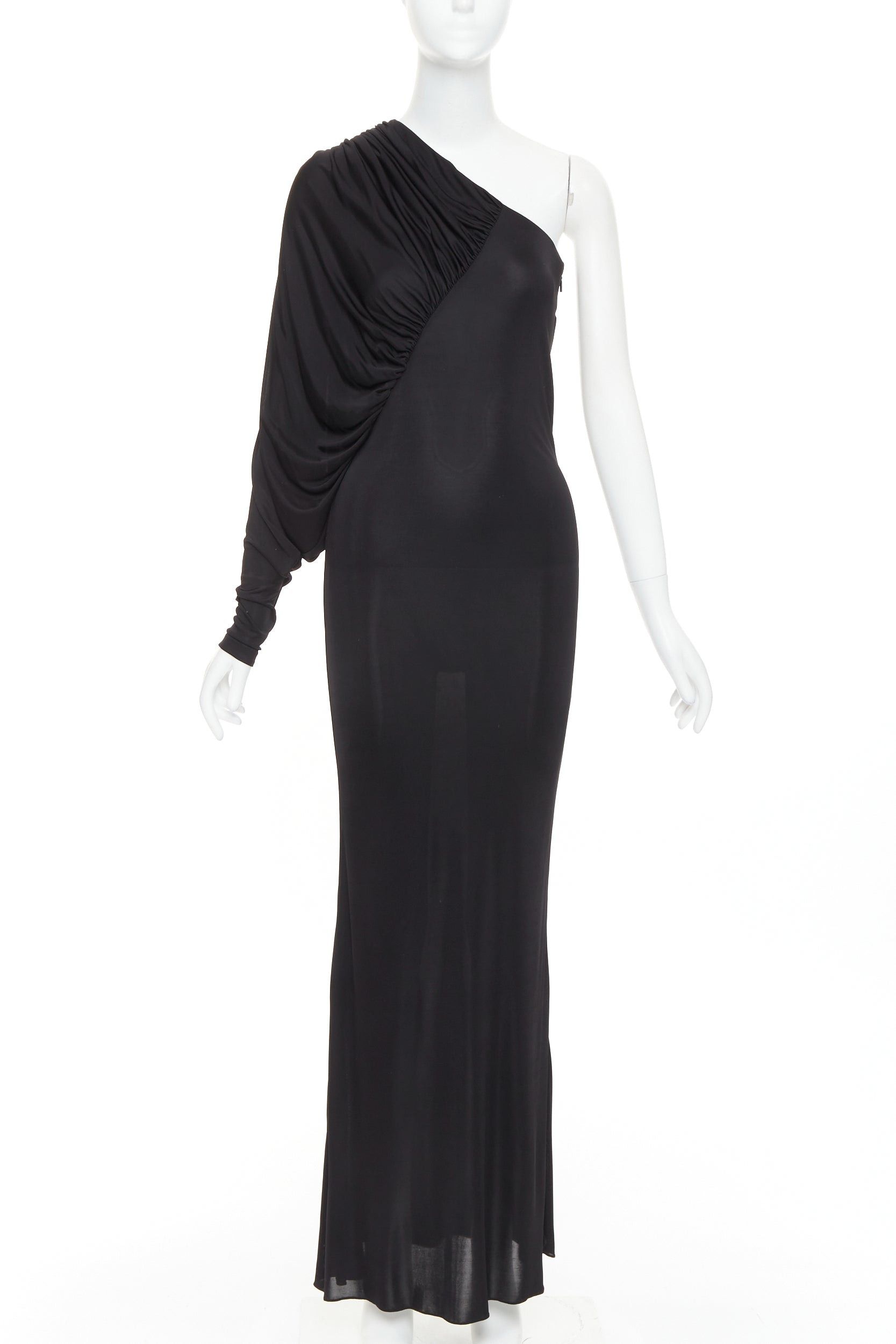 Saint Laurent Paris SAINT LAURENT 2023 black shiny viscose jersey ruched one sleeve dress gown FR40 L Size M / US 6-8 / IT 42-44 - 3 Thumbnail
