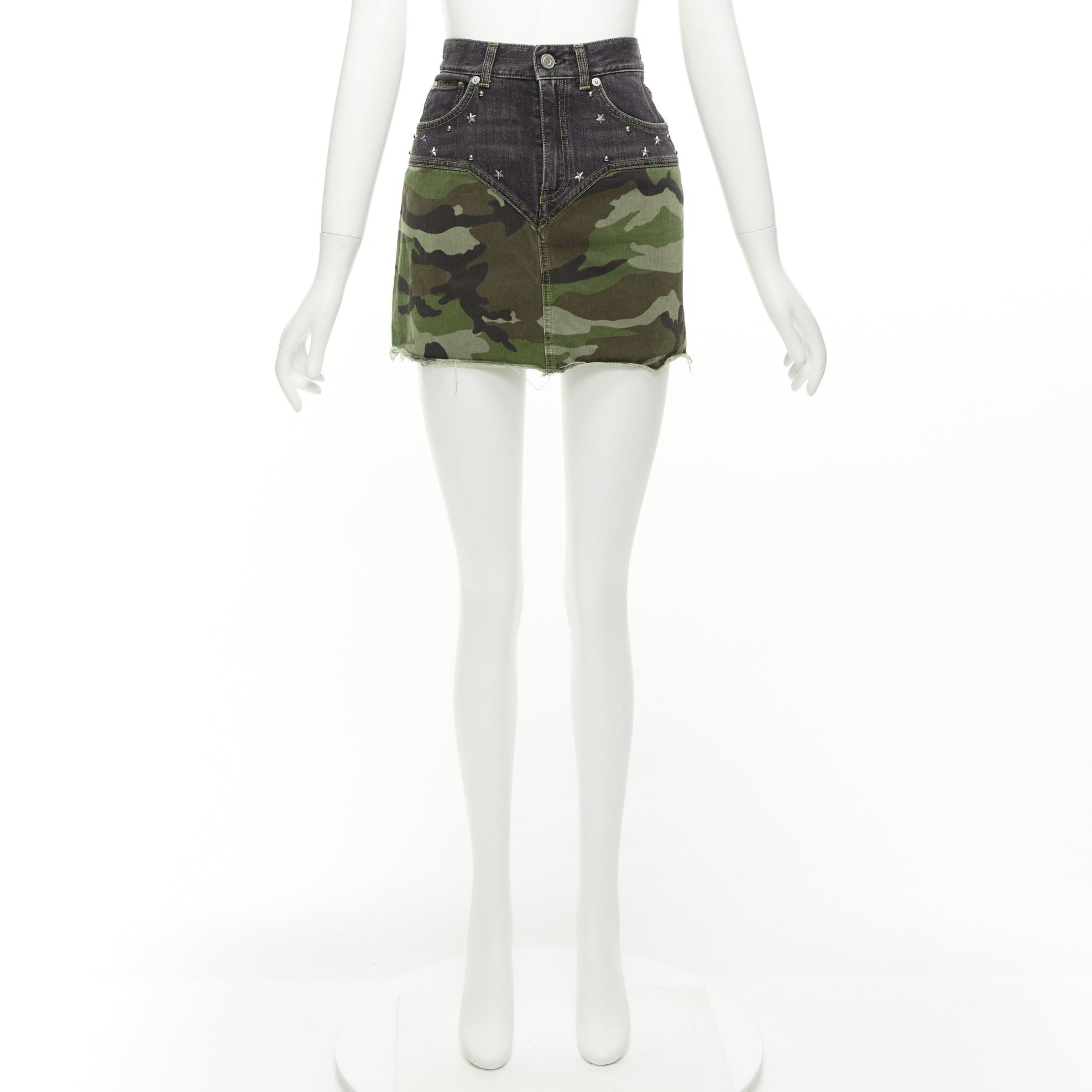 Saint Laurent Paris SAINT LAURENT 2015 green camo blue denim star studded mini skirt 25" Size 26" / US 2 / IT 38 - 9 Thumbnail