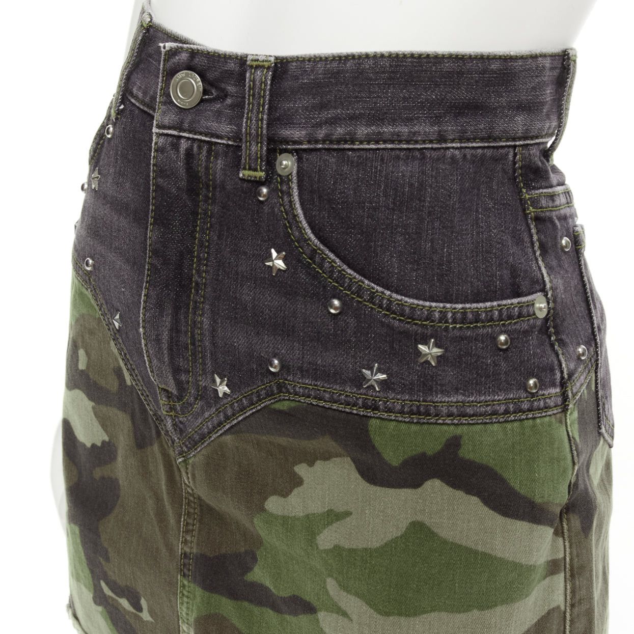 Saint Laurent Paris SAINT LAURENT 2015 green camo blue denim star studded mini skirt 25" Size 26" / US 2 / IT 38 - 2 Thumbnail