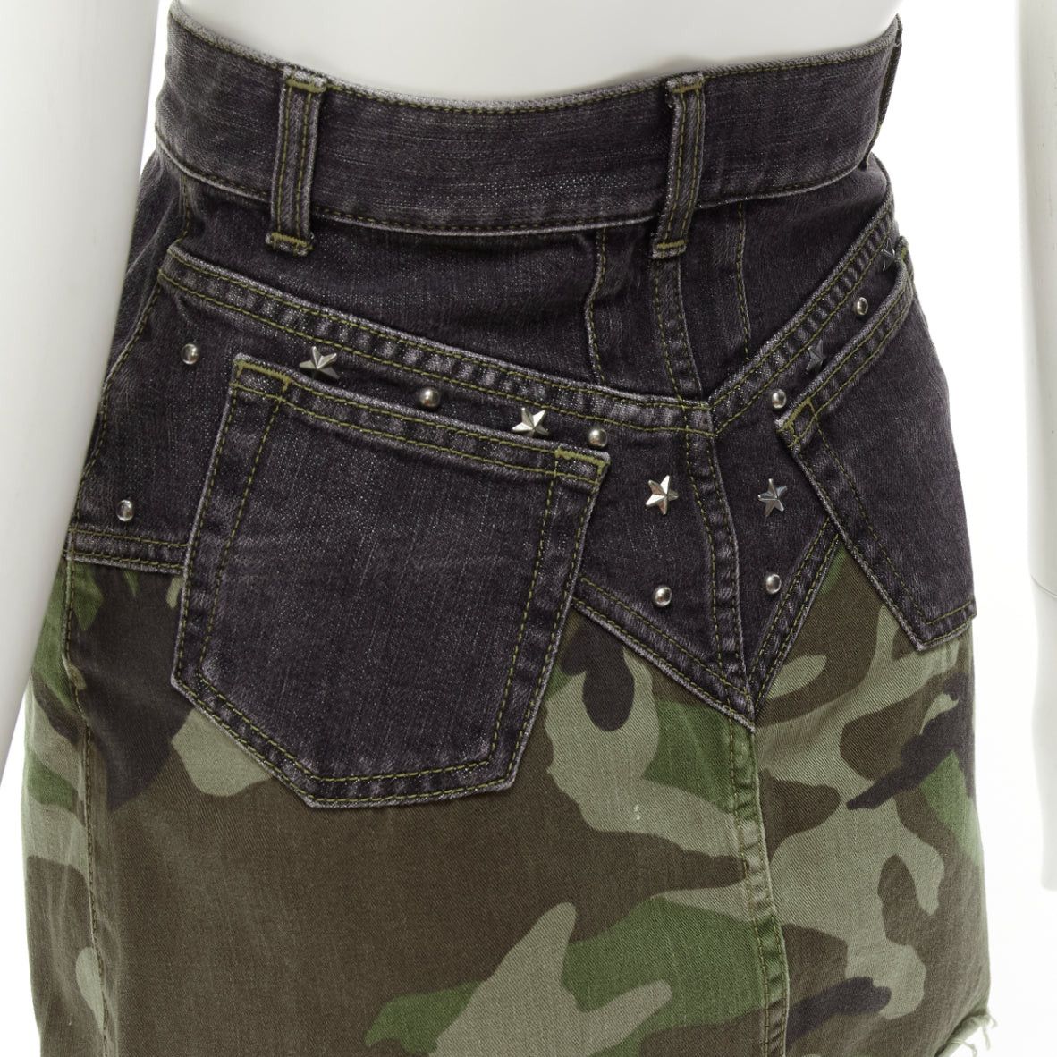 Saint Laurent Paris SAINT LAURENT 2015 green camo blue denim star studded mini skirt 25" Size 26" / US 2 / IT 38 - 7 Thumbnail