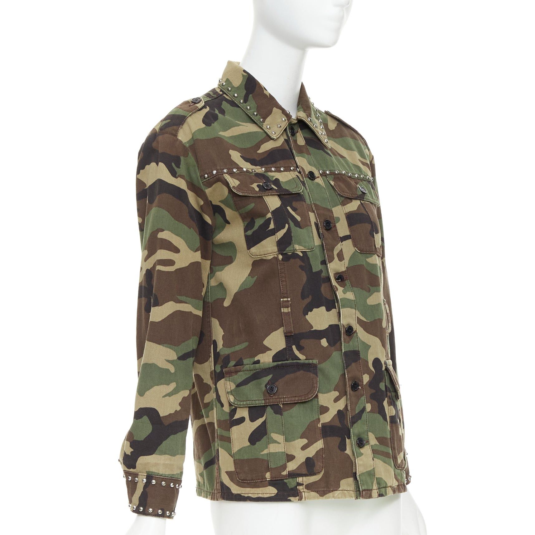Saint Laurent Paris SAINT LAURENT 2015 green khaki camo print cotton studded army jacket XS Size S / US 4 / IT 40 - 3 Thumbnail