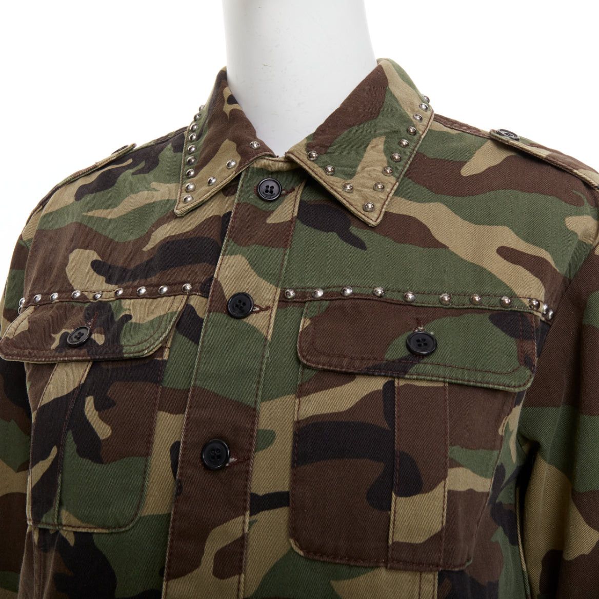 Saint Laurent Paris SAINT LAURENT 2015 green khaki camo print cotton studded army jacket XS Size S / US 4 / IT 40 - 2 Thumbnail