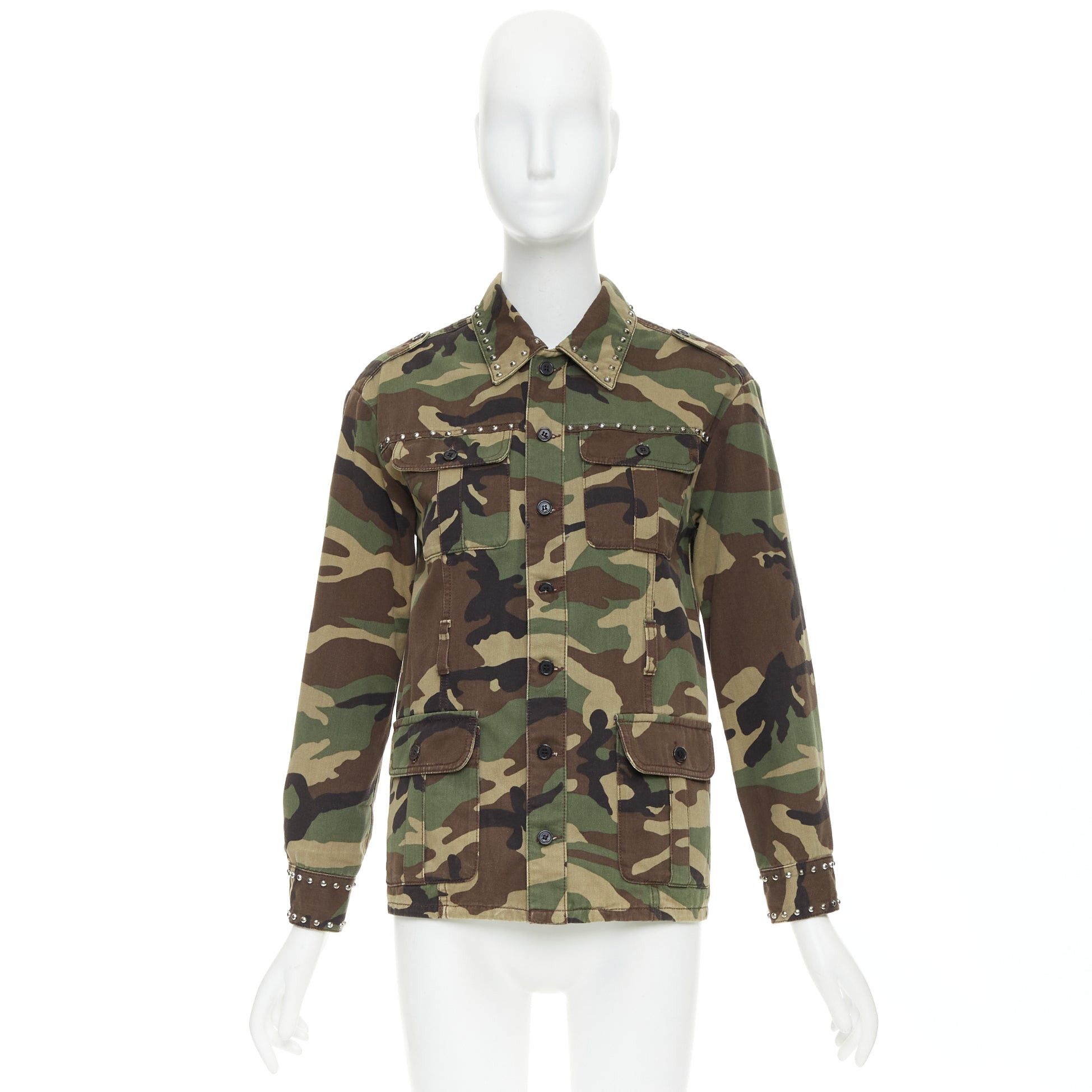 Saint Laurent Paris SAINT LAURENT 2015 green khaki camo print cotton studded army jacket XS Size S / US 4 / IT 40 - 9 Thumbnail