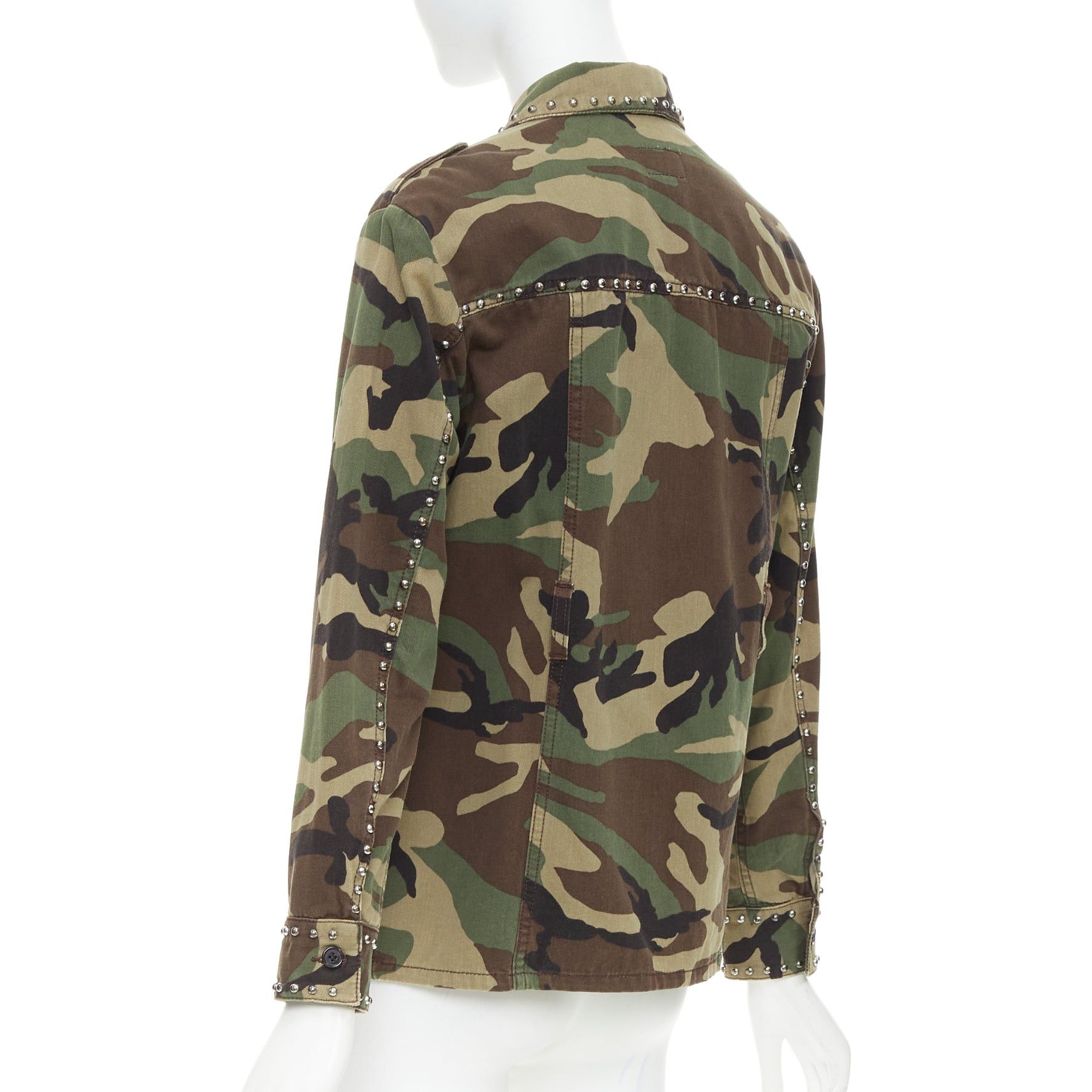 Saint Laurent Paris SAINT LAURENT 2015 green khaki camo print cotton studded army jacket XS Size S / US 4 / IT 40 - 6 Thumbnail
