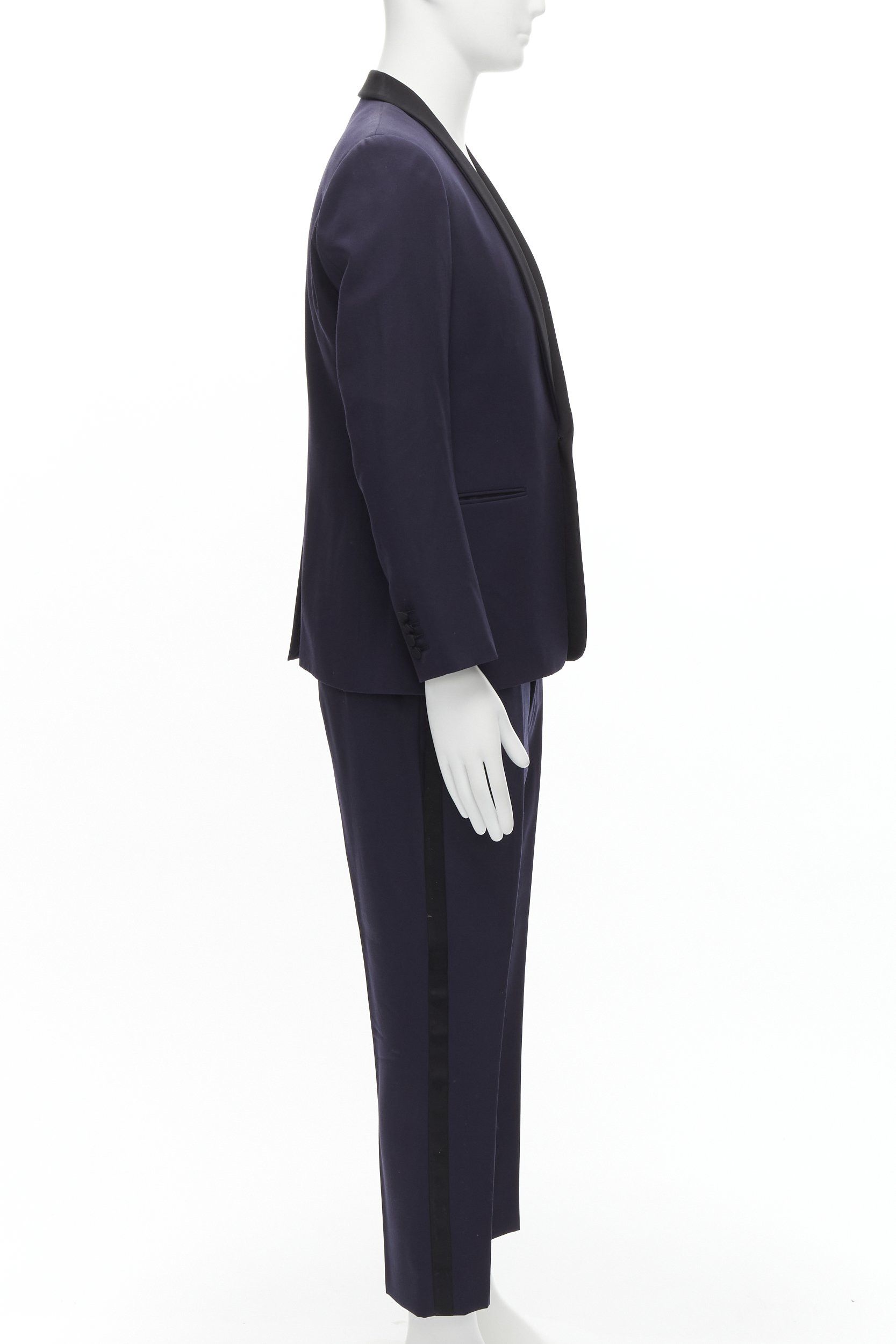 Saint Laurent Paris SAINT LAURENT virgin wool navy classic satin shawl collar tux blazer suit EU50 L Size 50R - 4 Thumbnail