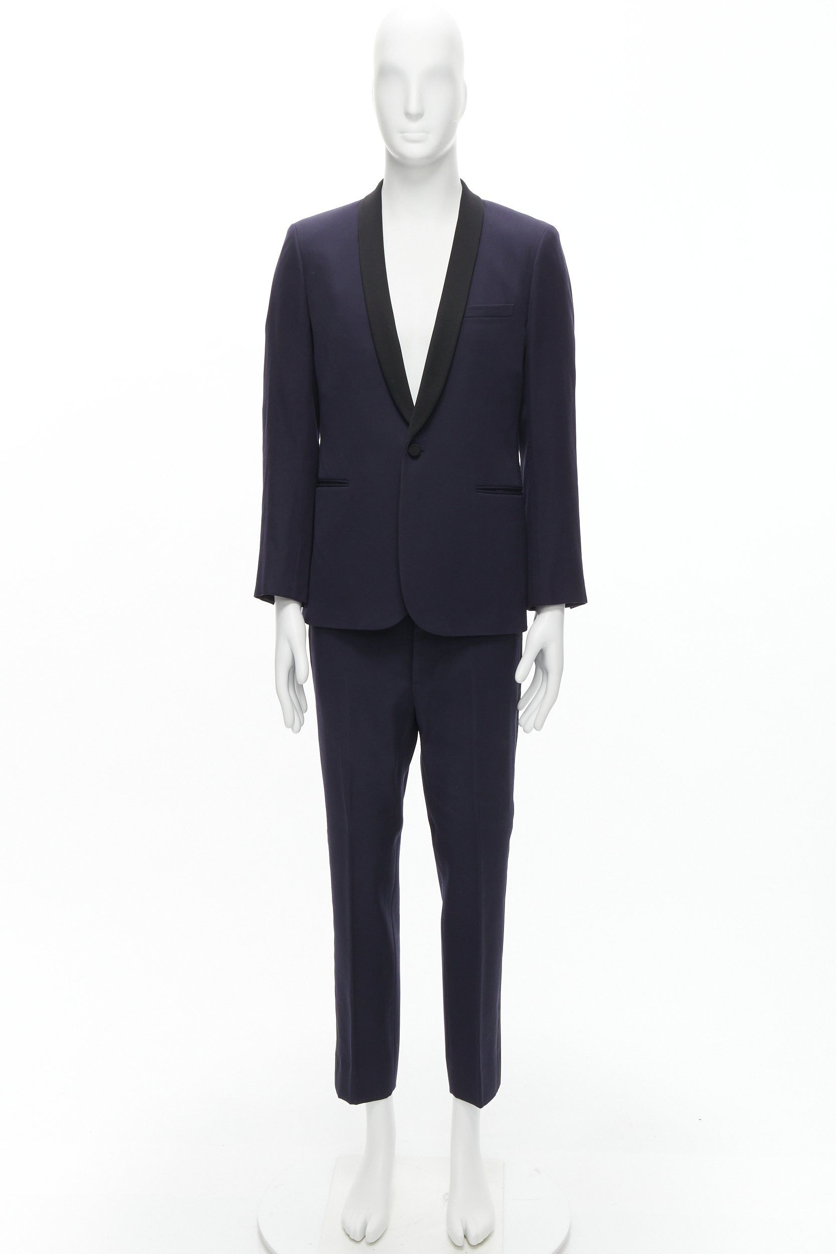 Saint Laurent Paris SAINT LAURENT virgin wool navy classic satin shawl collar tux blazer suit EU50 L Size 50R - 14 Thumbnail