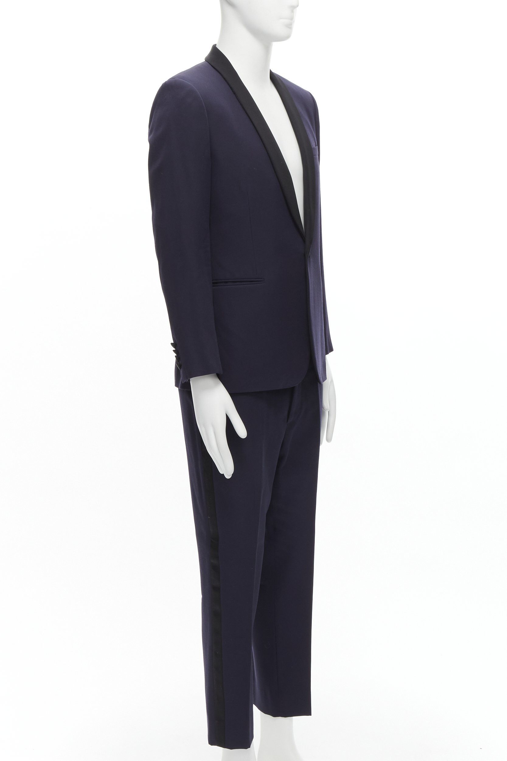 Saint Laurent Paris SAINT LAURENT virgin wool navy classic satin shawl collar tux blazer suit EU50 L Size 50R - 3 Thumbnail