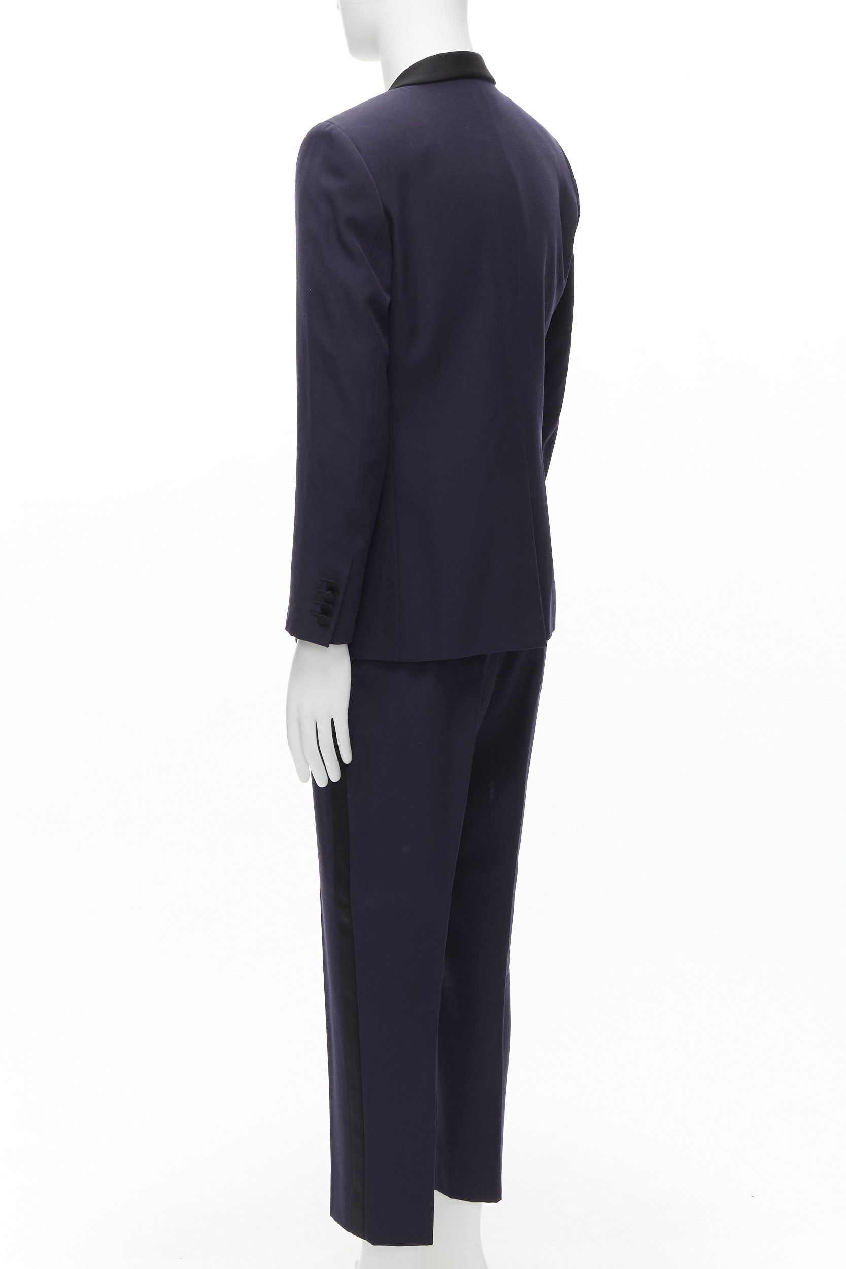 Saint Laurent Paris SAINT LAURENT virgin wool navy classic satin shawl collar tux blazer suit EU50 L Size 50R - 6 Thumbnail