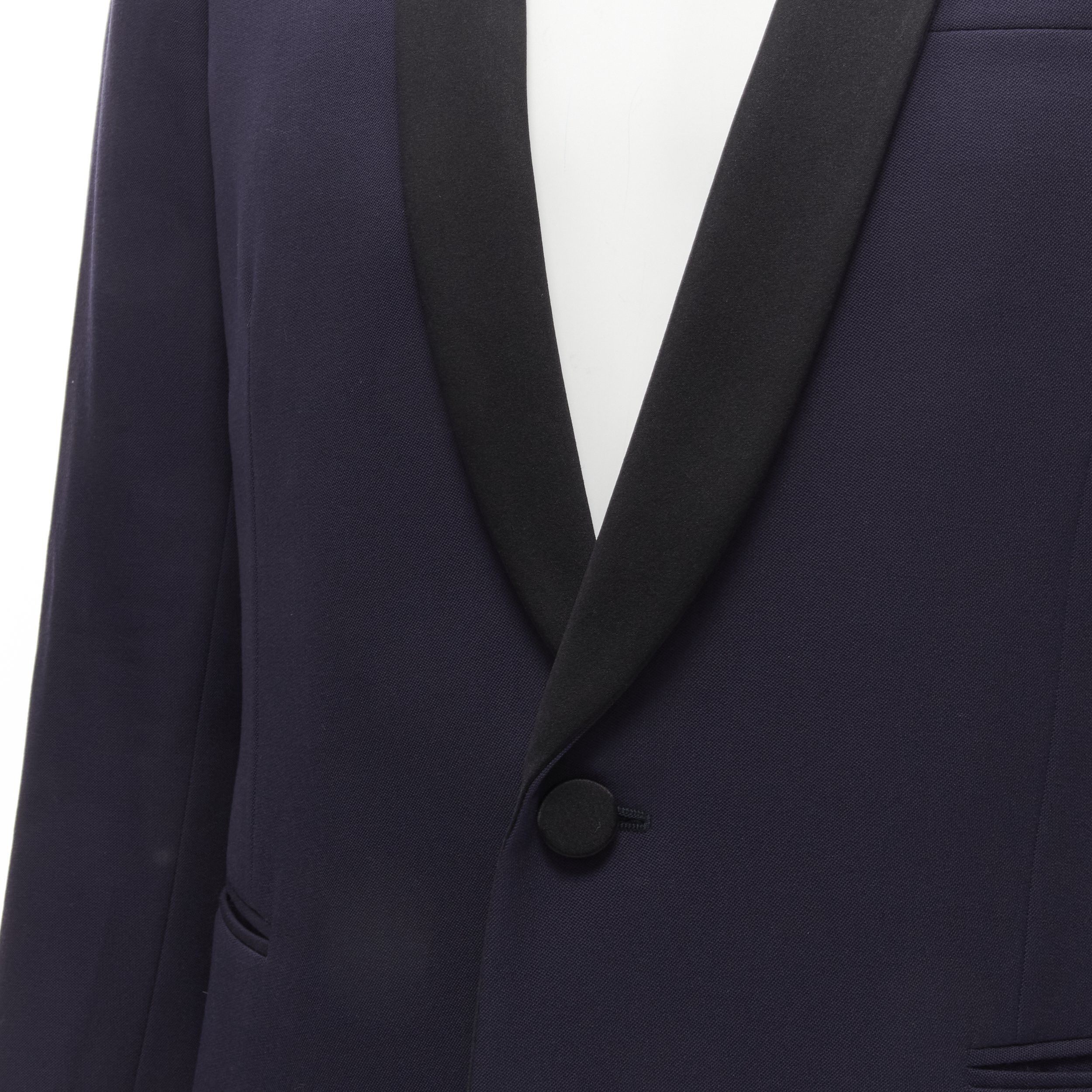 Saint Laurent Paris SAINT LAURENT virgin wool navy classic satin shawl collar tux blazer suit EU50 L Size 50R - 2 Thumbnail
