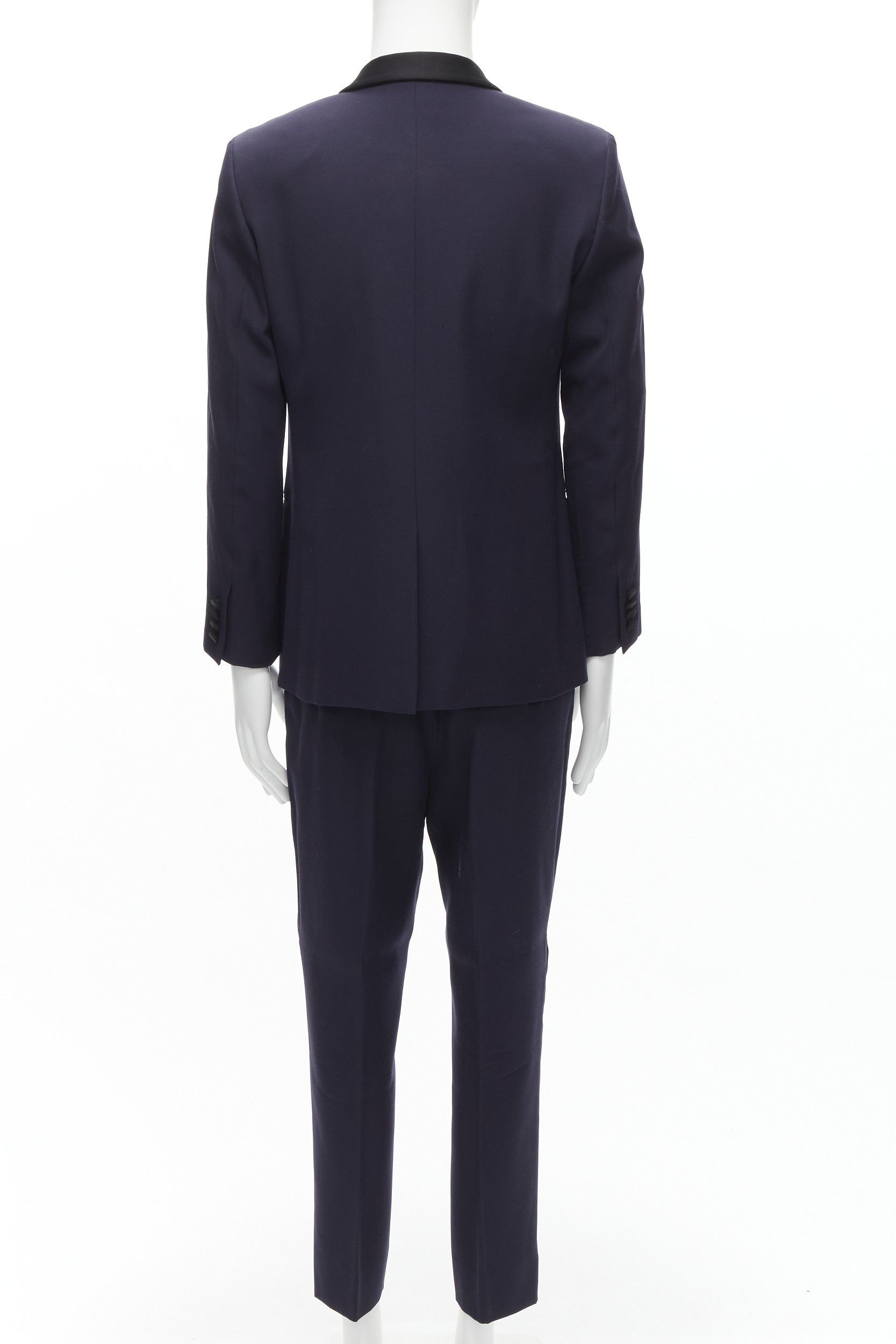Saint Laurent Paris SAINT LAURENT virgin wool navy classic satin shawl collar tux blazer suit EU50 L Size 50R - 5 Thumbnail