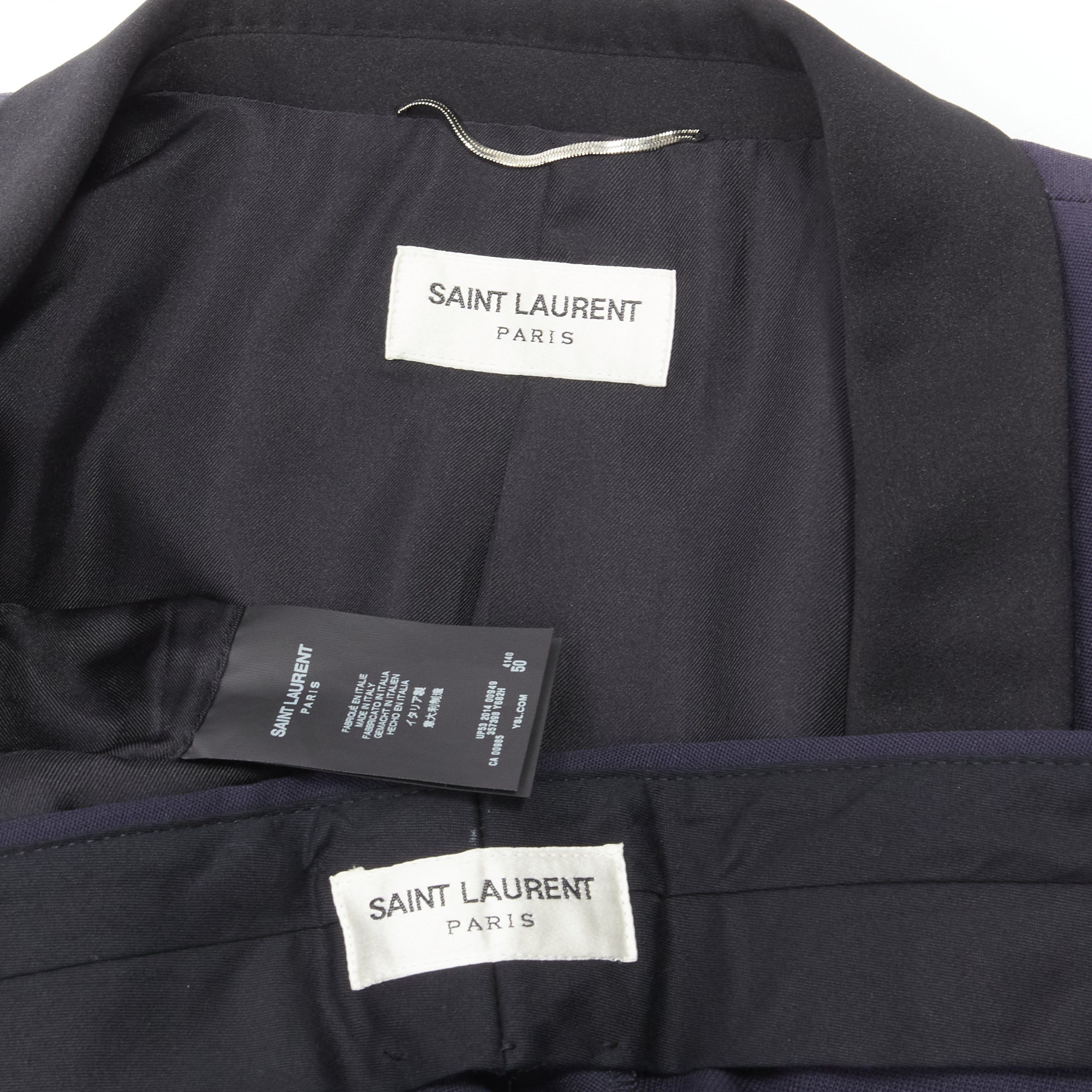 Saint Laurent Paris SAINT LAURENT virgin wool navy classic satin shawl collar tux blazer suit EU50 L Size 50R - 13 Thumbnail