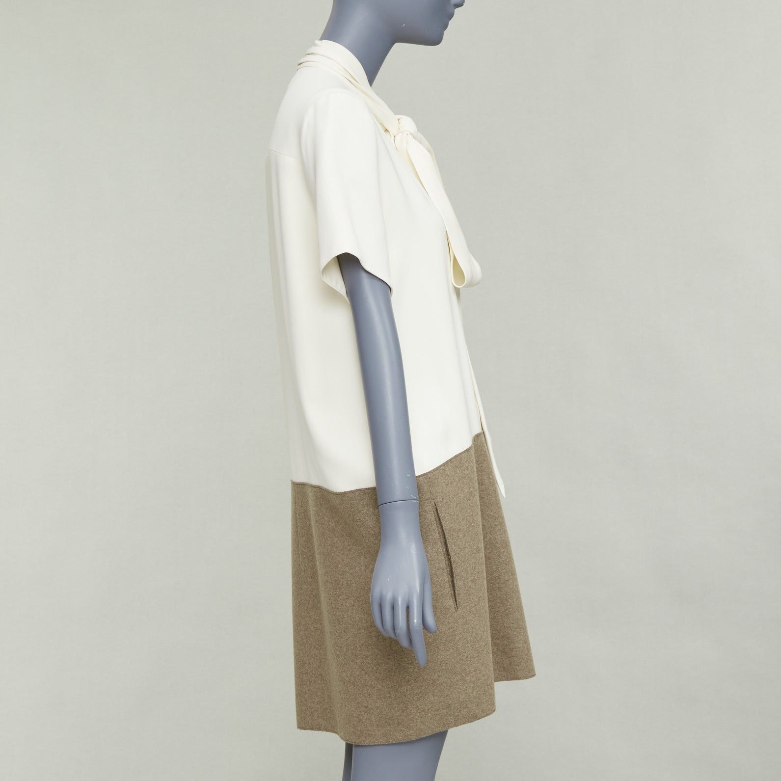 Celine OLD CELINE Phoebe Philo cream taupe silk wool felt drop waist shirt dress FR38 M Size M / US 6-8 / IT 42-44 - 4 Thumbnail