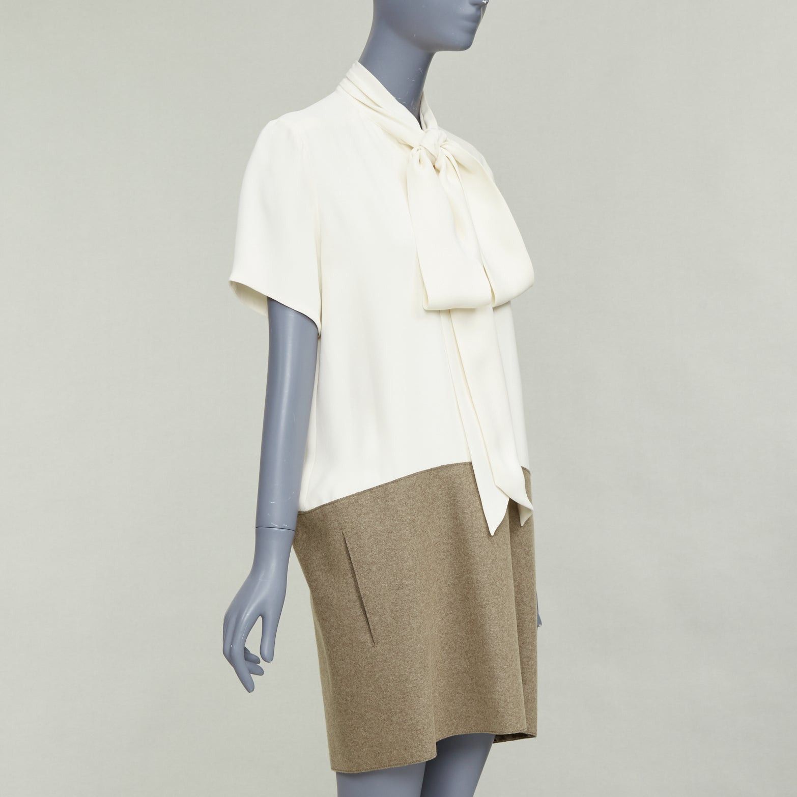 Celine OLD CELINE Phoebe Philo cream taupe silk wool felt drop waist shirt dress FR38 M Size M / US 6-8 / IT 42-44 - 3 Thumbnail