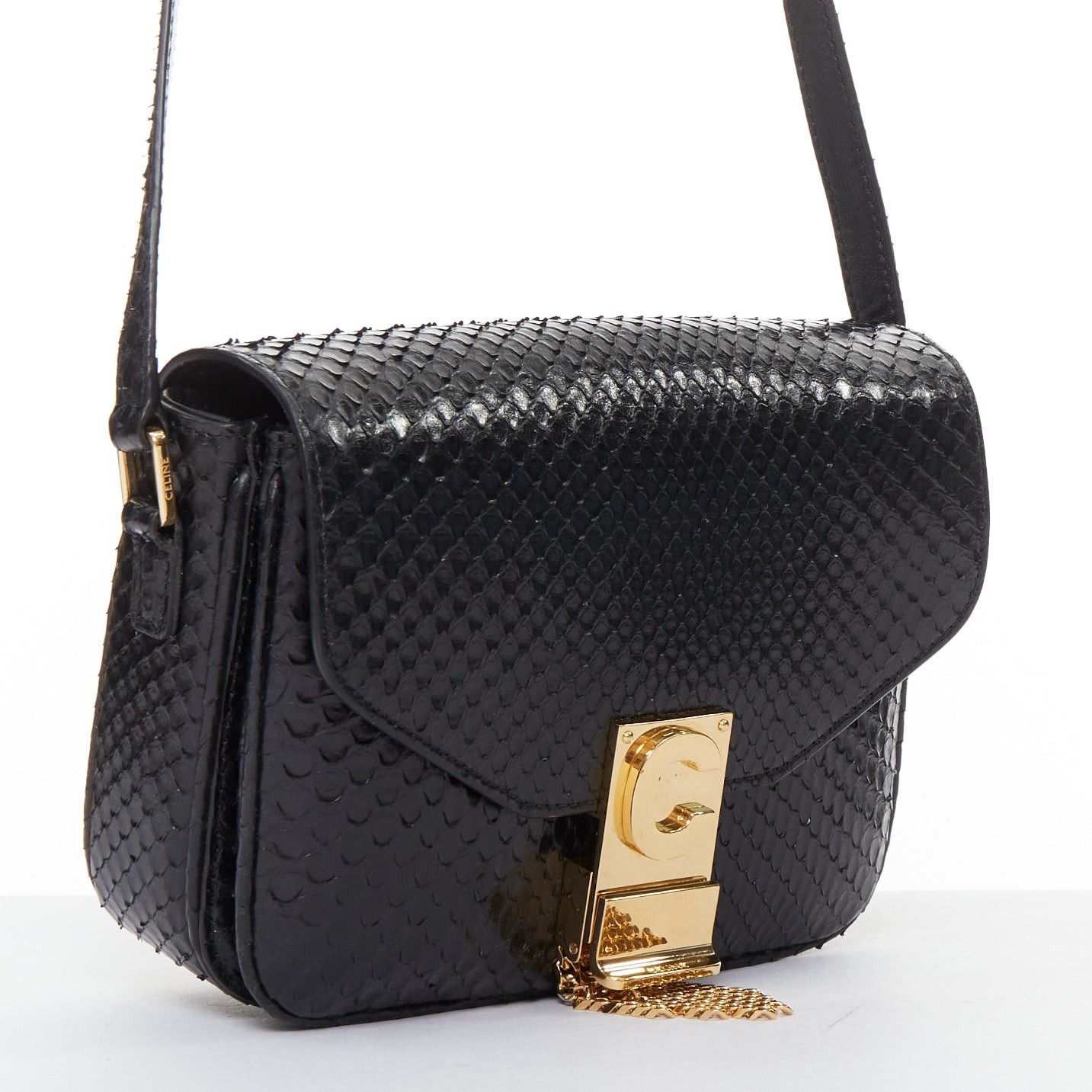 Celine CELINE C Bag Runway black gold scaled leather fringe C clasp crossbody box bag Size ONE SIZE - 3 Thumbnail