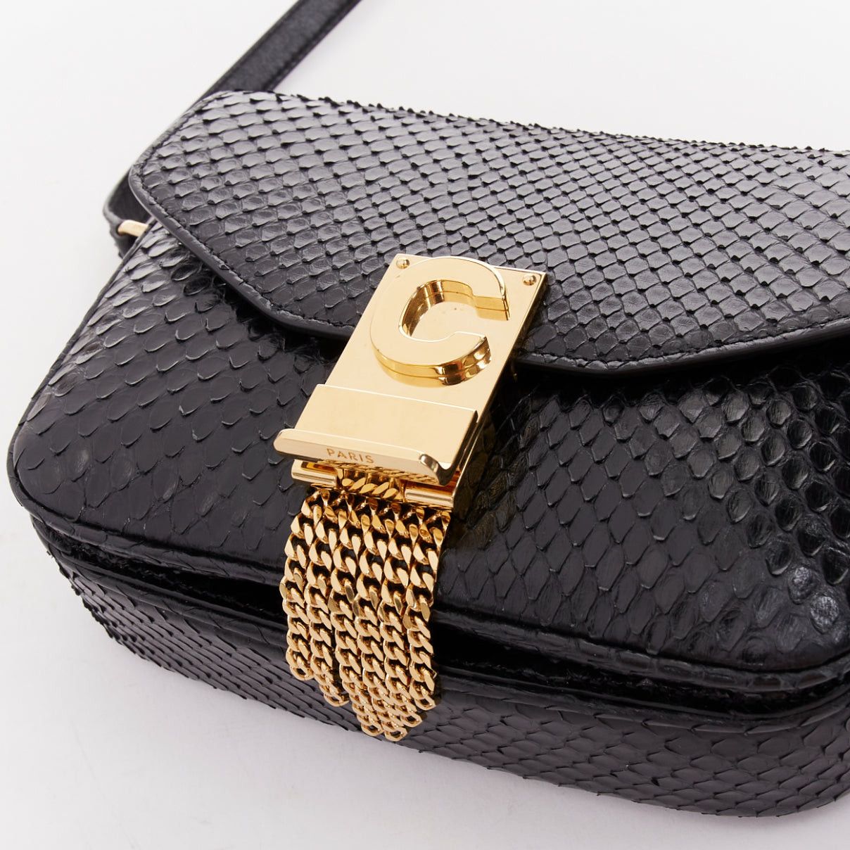 Celine CELINE C Bag Runway black gold scaled leather fringe C clasp crossbody box bag Size ONE SIZE - 7 Thumbnail