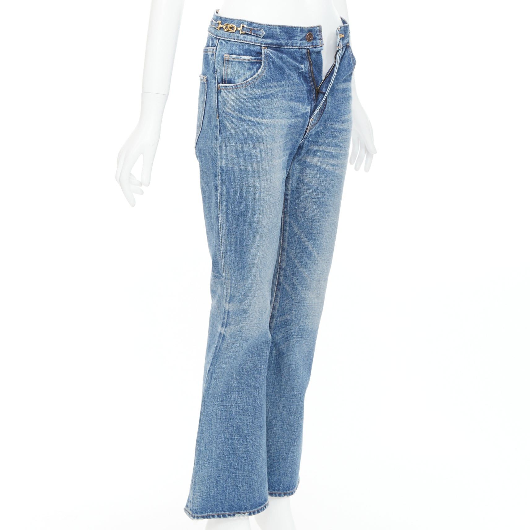 Celine CELINE W_FL_018 Dylan blue washed gold triomphe buckle bootcut jeans 26" Size 27" / US 4 / IT 40 - 3 Thumbnail