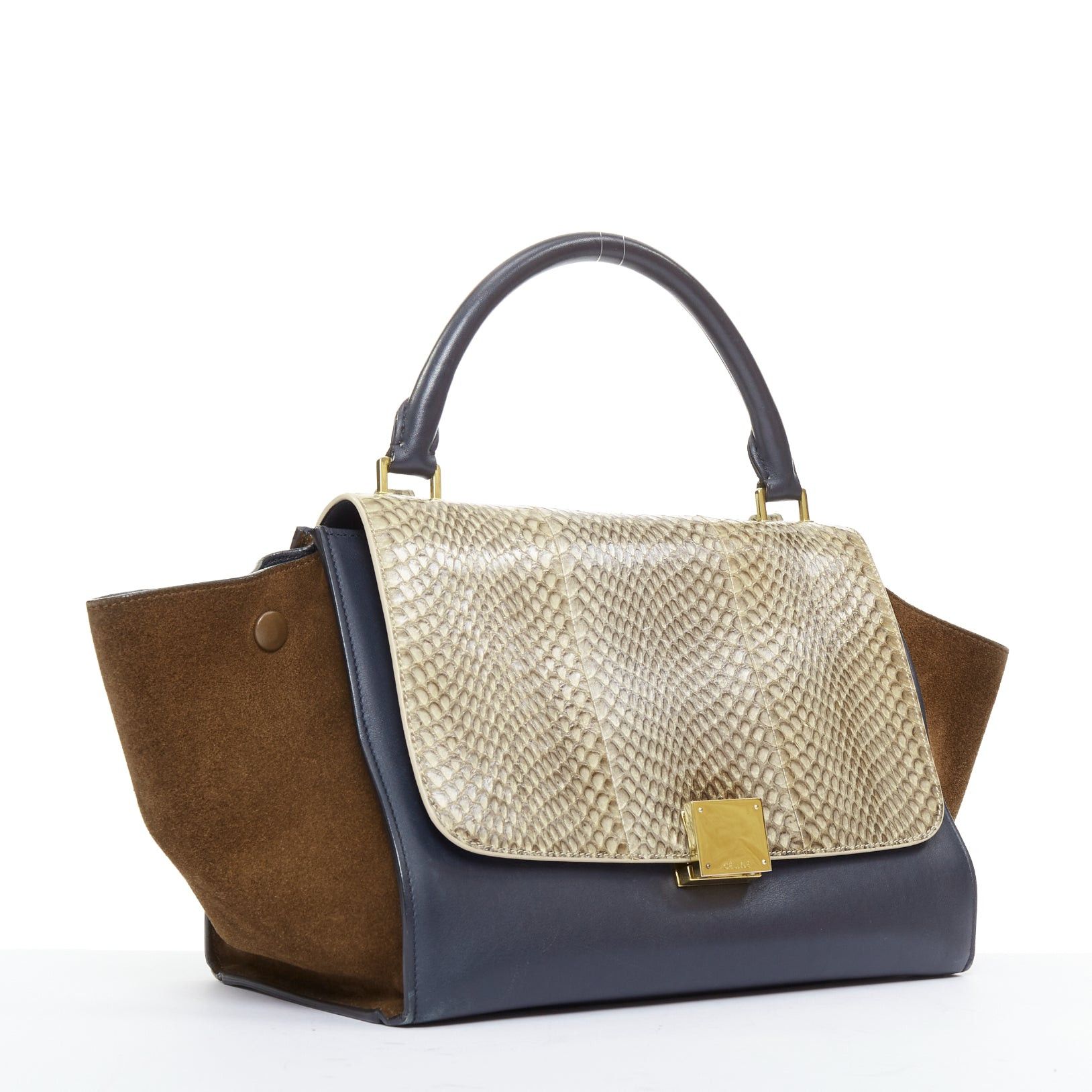 Celine CELINE Trapeze beige scaled leather flap navy brown gold hardware bag Size ONE SIZE - 3 Thumbnail