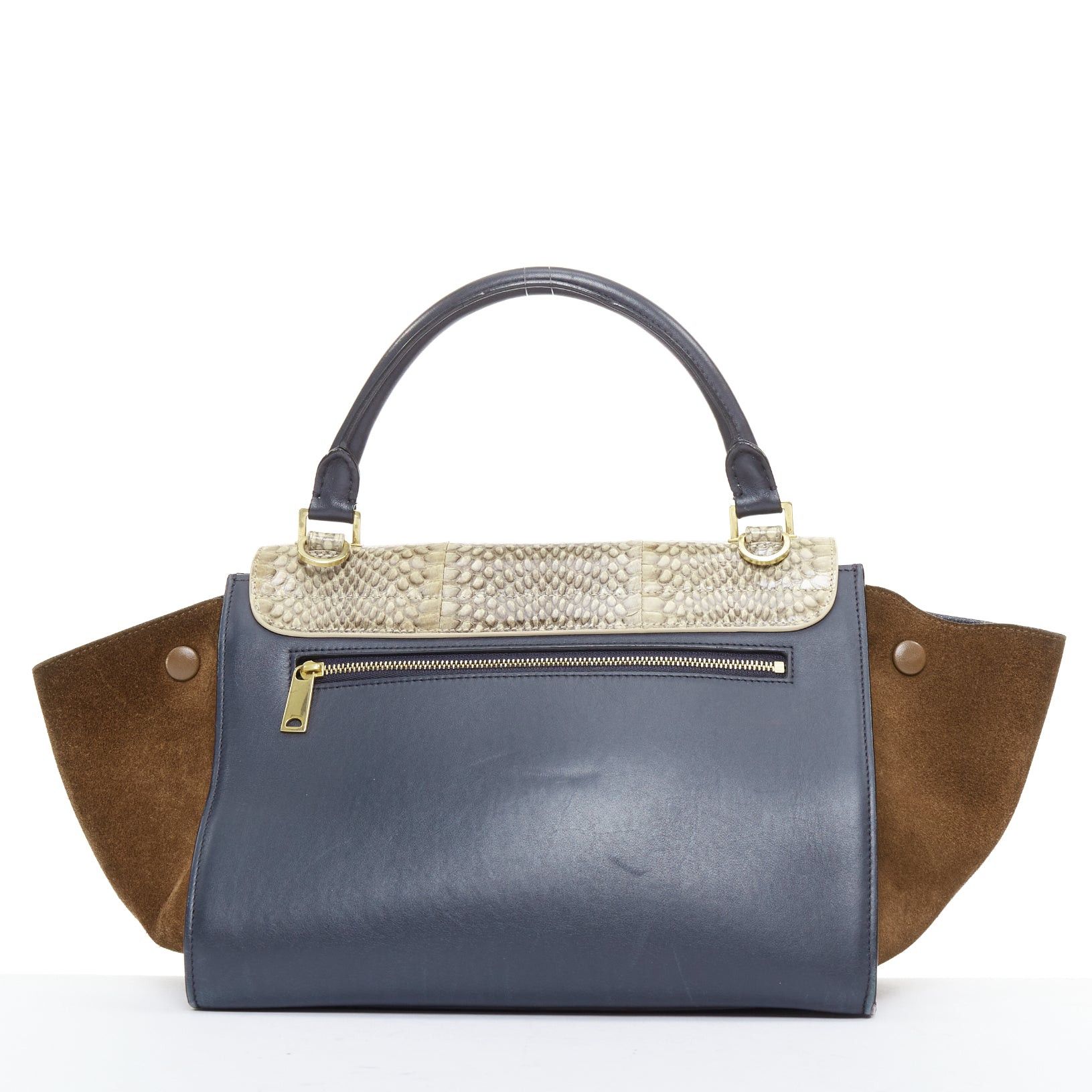 Celine CELINE Trapeze beige scaled leather flap navy brown gold hardware bag Size ONE SIZE - 5 Thumbnail