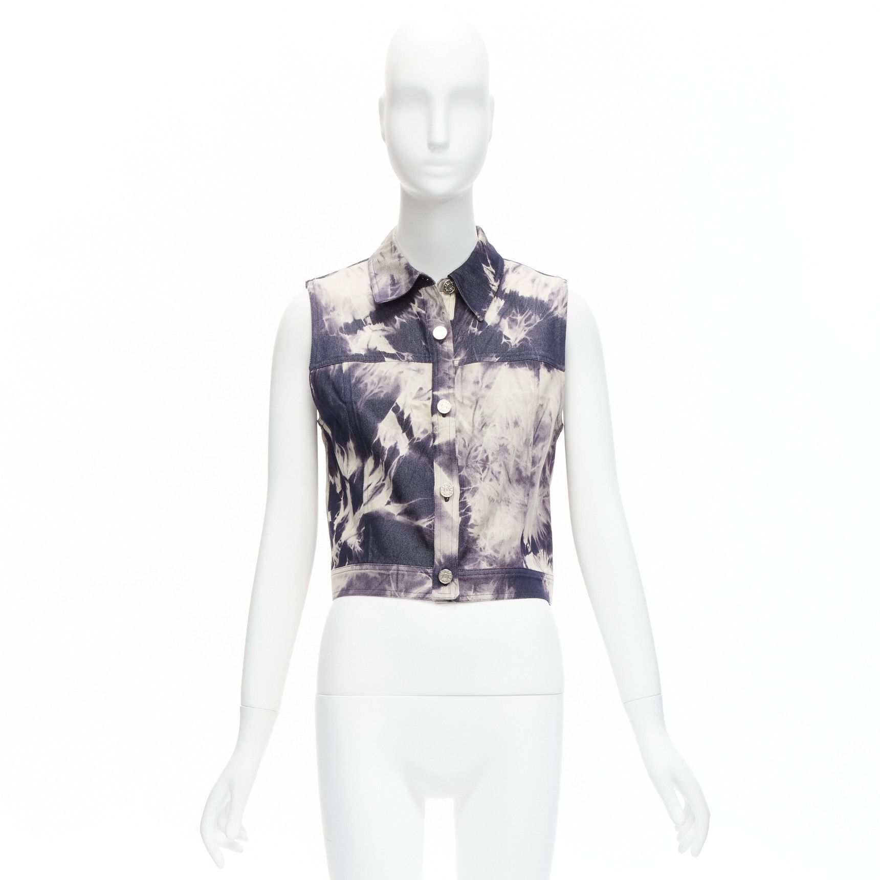 Celine CELINE Vintage 2000 indigo blue cream tie dye print cotton silk denim vest jacket FR40 L Size M / US 6-8 / IT 42-44 - 11 Thumbnail