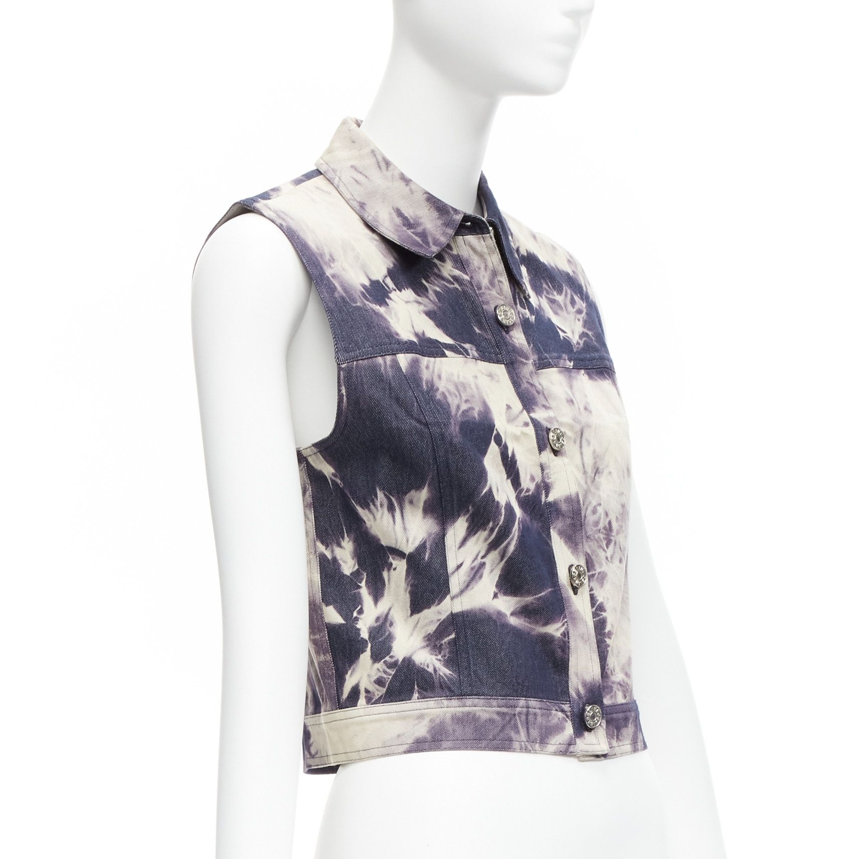 Celine CELINE Vintage 2000 indigo blue cream tie dye print cotton silk denim vest jacket FR40 L Size M / US 6-8 / IT 42-44 - 4 Thumbnail