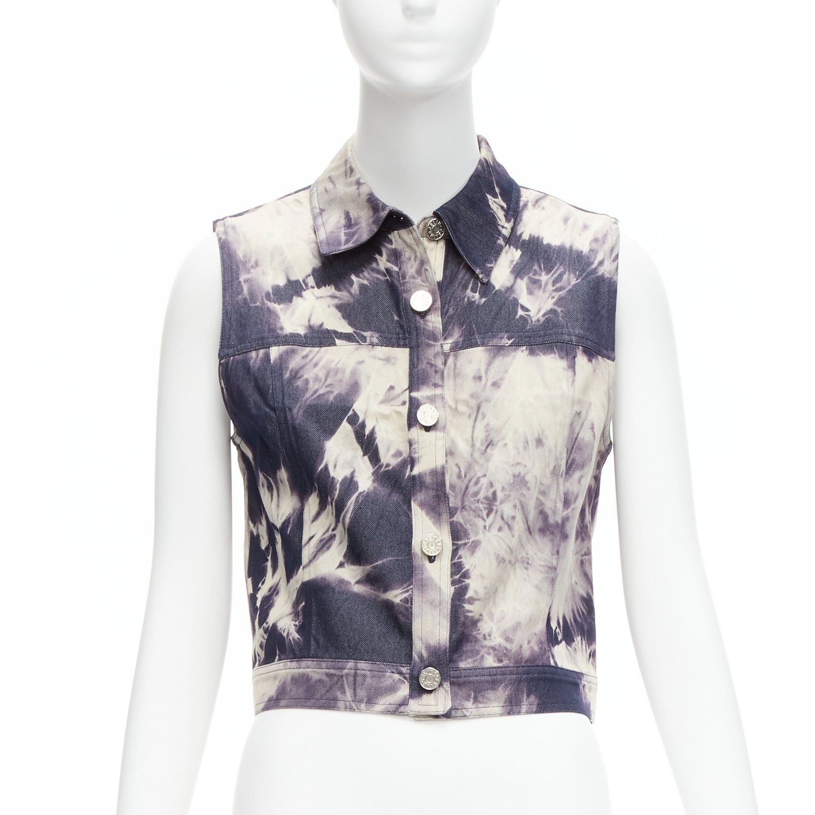 Celine CELINE Vintage 2000 indigo blue cream tie dye print cotton silk denim vest jacket FR40 L Size M / US 6-8 / IT 42-44 - 3 Thumbnail