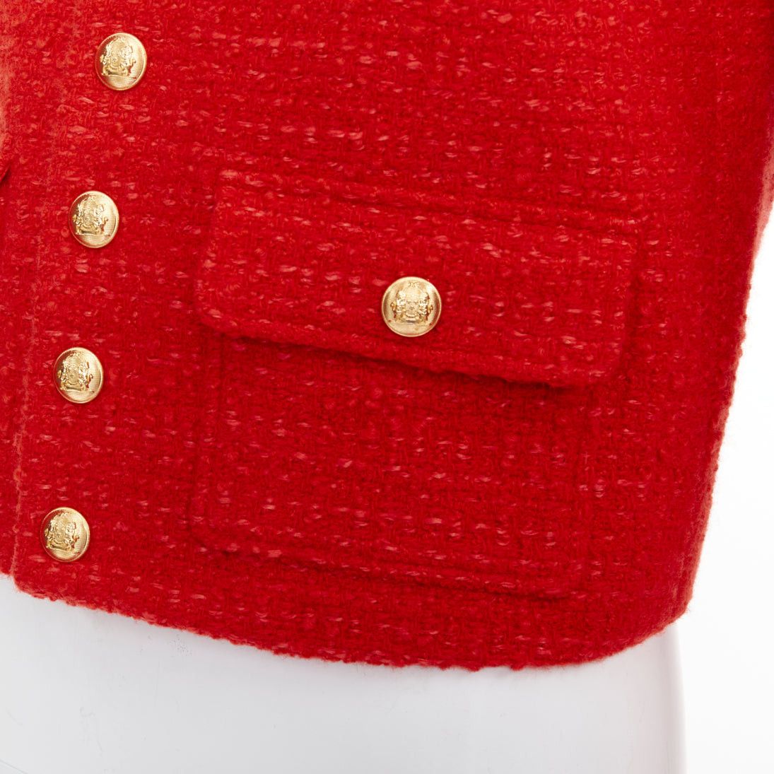 Celine CELINE Chasseur red wool linen tweed gold buttons cropped jacket FR34 XS Size XS / US 0-2 / IT 36-38 - 8 Thumbnail